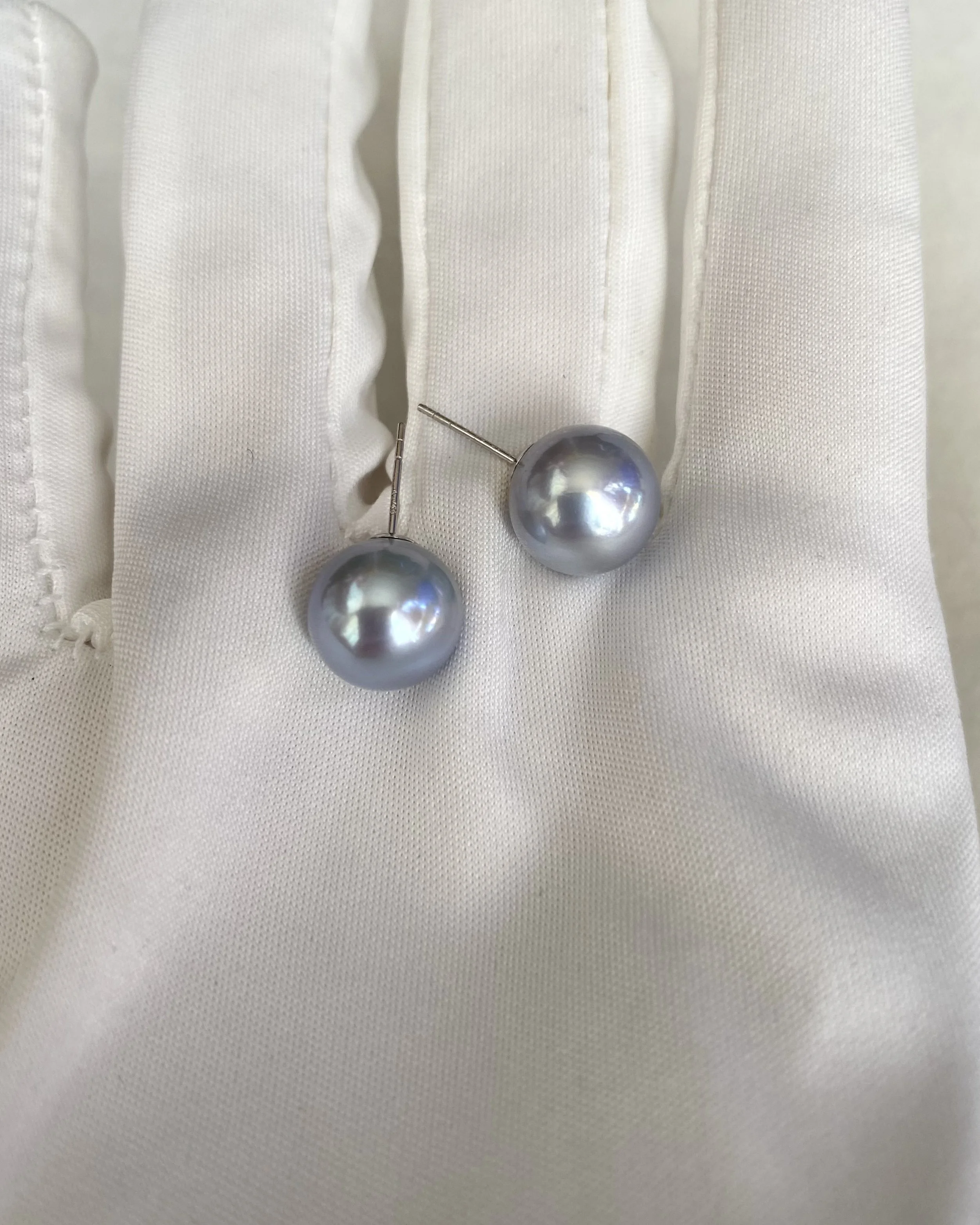18K Solid White Gold-Rare 10.5-11mm Impressionist Silver-Blue Freshwater Pearl Stud Earrings, Flawless, Natural Colour, Metallic Lustre Starlit Pearls