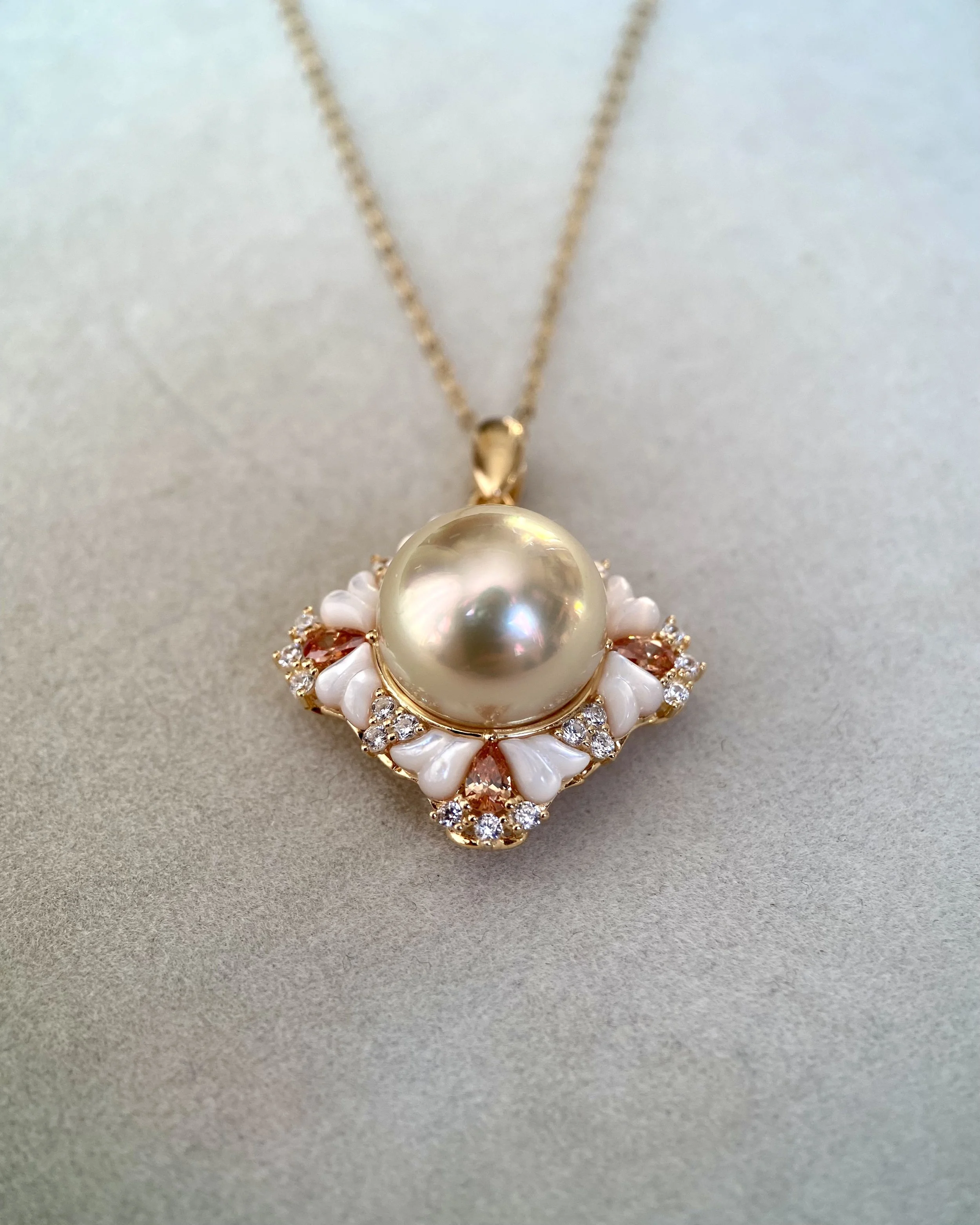 Ultra-Rare 13-13.5mm Lemon Candy Gold Japanese Amami Ōshima Pearl Pendant, 7A Mirror Lustre, Vintage Court-Style Floral S925 Silver MOP & CZ Starlit Pearls