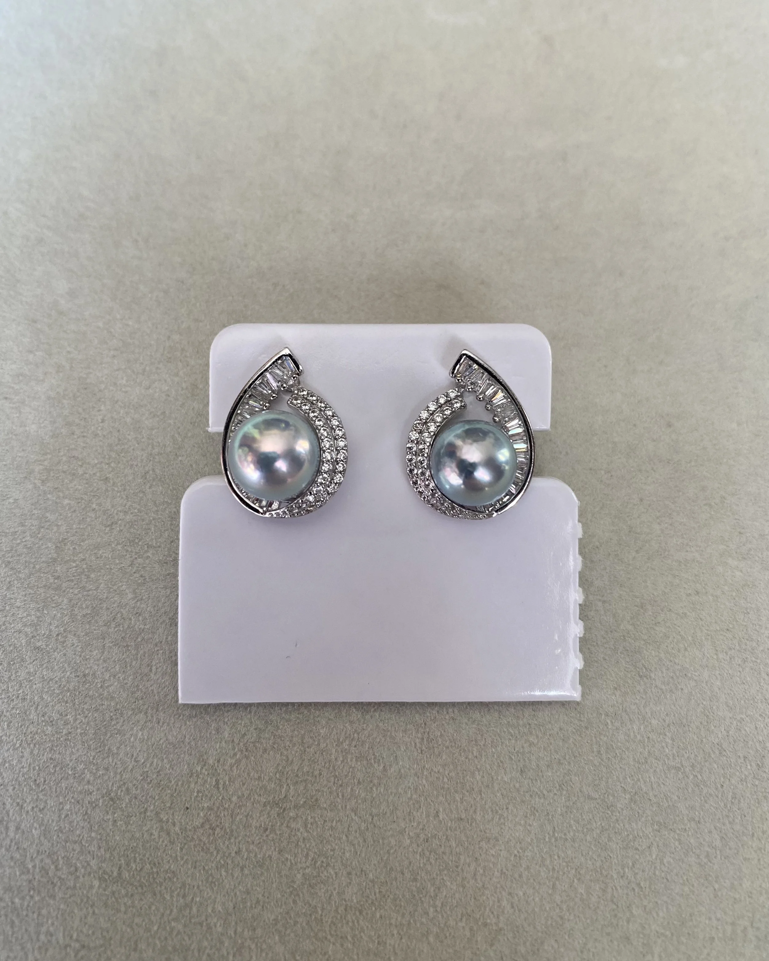 Japanese Silver Grey Madama Akoya Pearl Earrings 8–8.3mm, Iridescent Overtones, S925 Silver Teardrop Baguette Design, Exhibition Piece Starlit Pearls