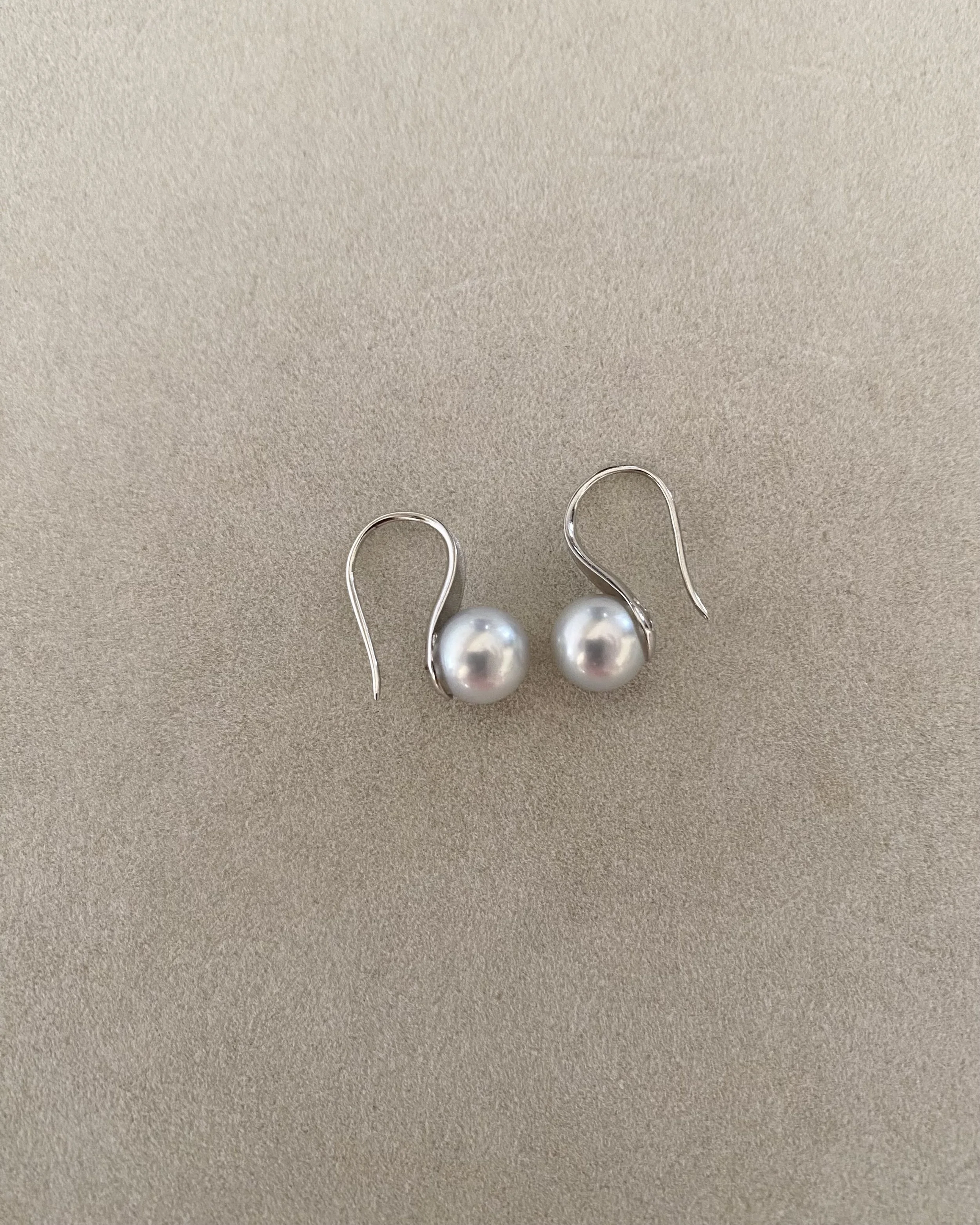 8.1mm Silver-Grey Blue Japanese Madama Akoya Pearl Hook Earrings, Mirror Lustre, Sculptural Satin-Brushed S925 Silver, Show Piece Starlit Pearls