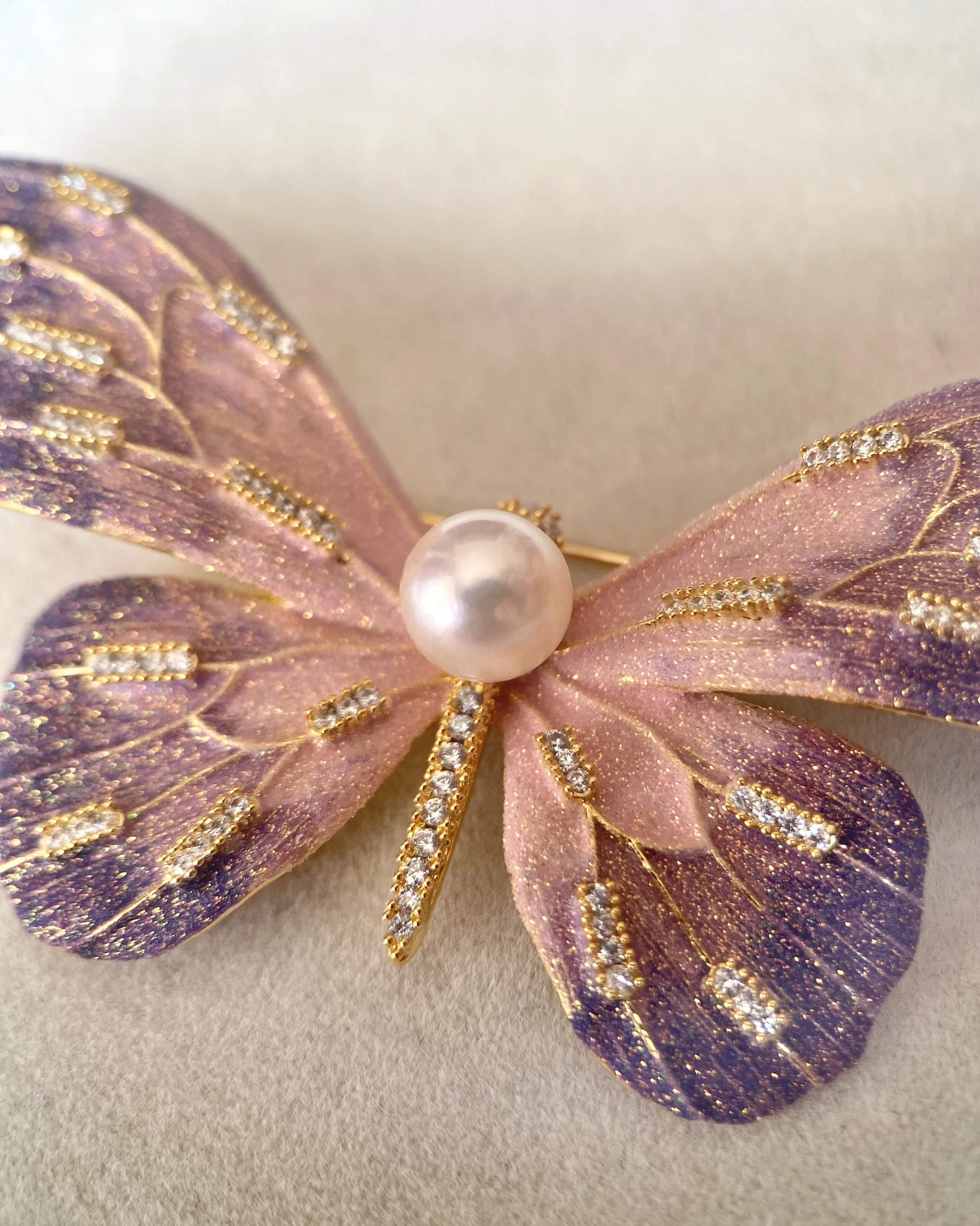 Enchanting Japanese Akoya Pearl Artistic Butterfly Brooch 7.8mm, Brushed Satin Purple Pink Iridescent Wings with Ultra-Fine Shimmer Starlit Pearls