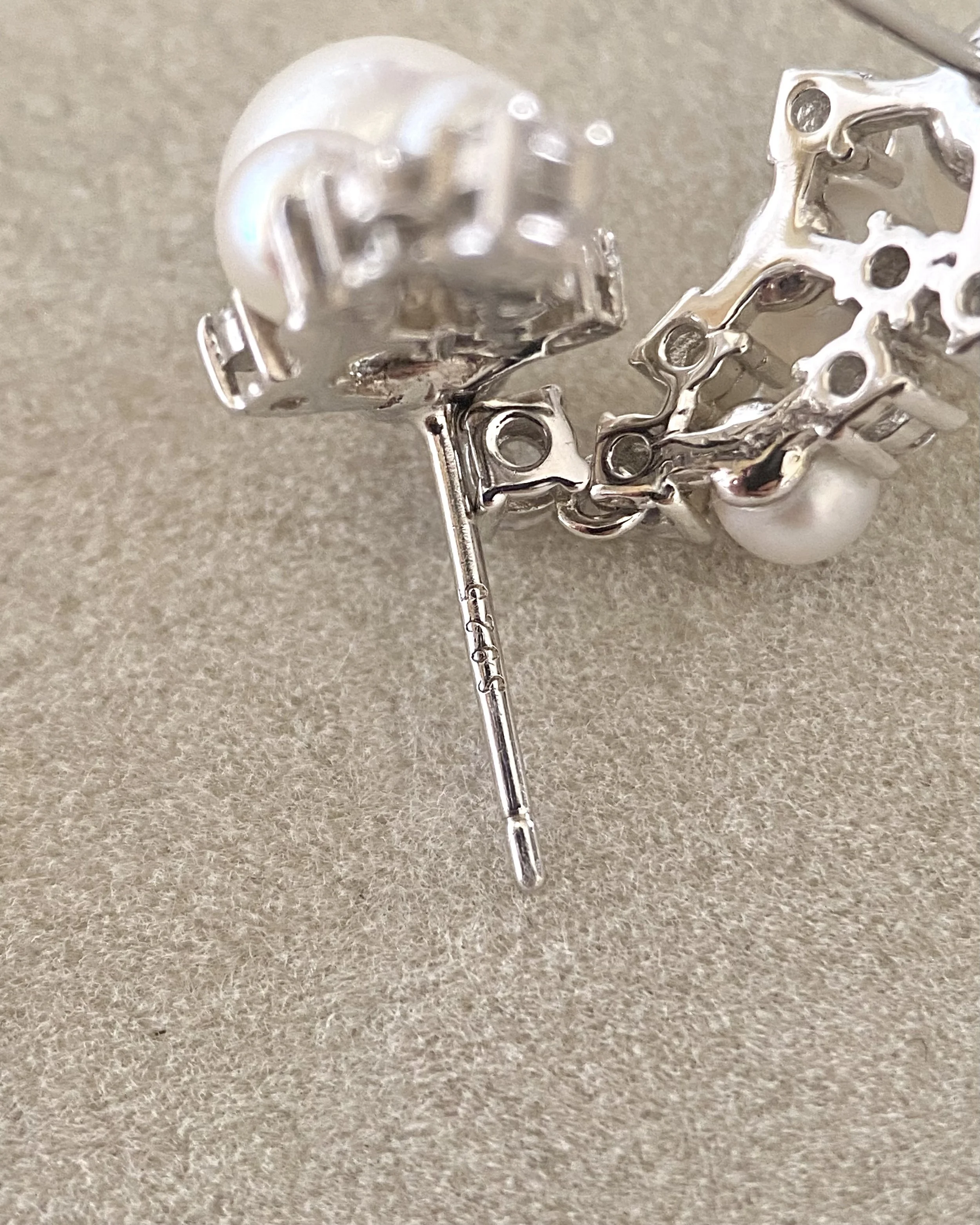 6A Japanese White Akoya Pearl Drop Earrings, Aurora 8.9mm Akoya & 5.5mm Sairindama, S925 Silver CZ Cascade Design, Exhibition Piece Starlit Pearls