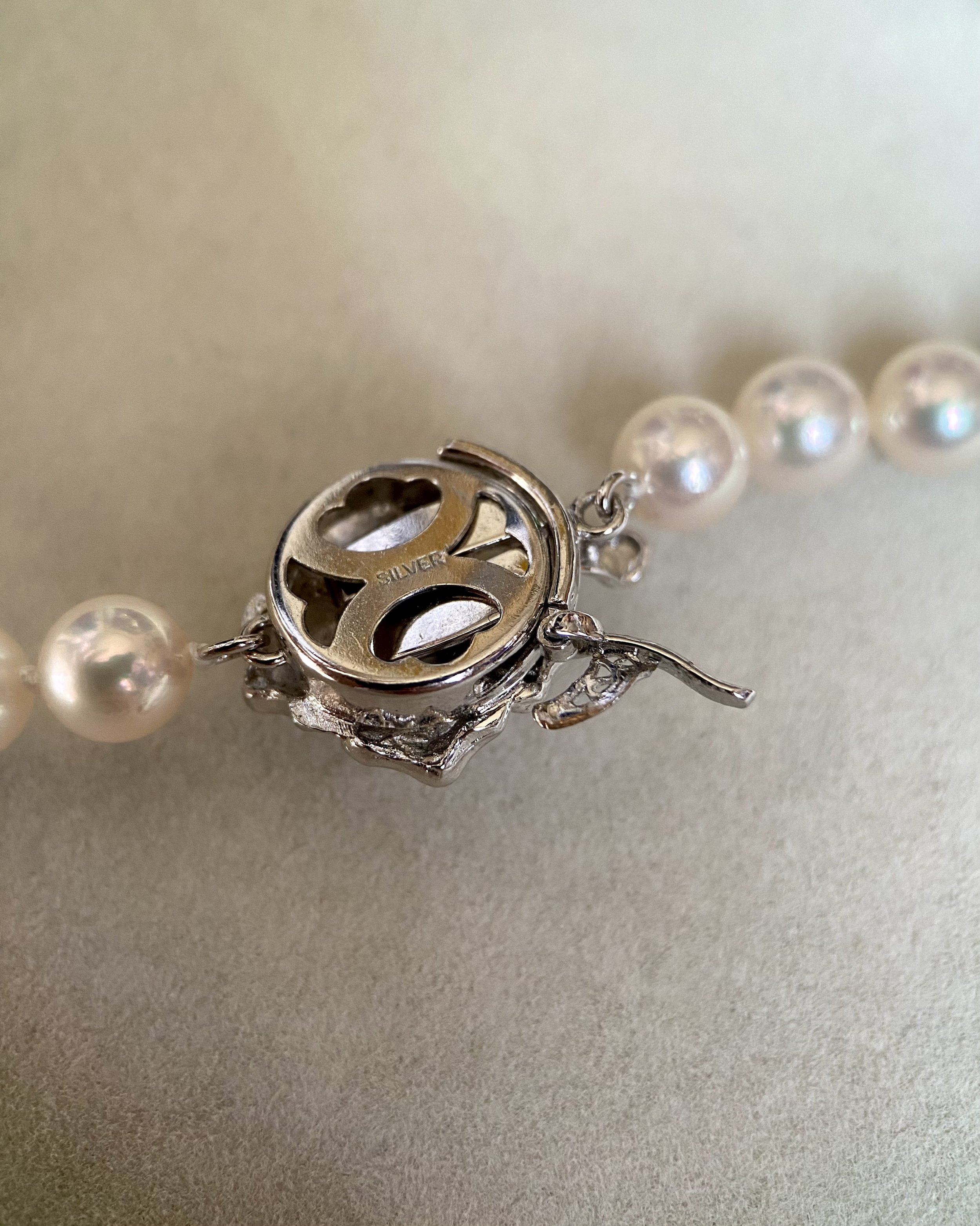 33" Extra-Long White Japanese Akoya Pearl Opera Necklace 6.5–7mm, Rose Overtone, 3D Floral Silver Clasp, Japan Jewellery Showpiece Starlit Pearls