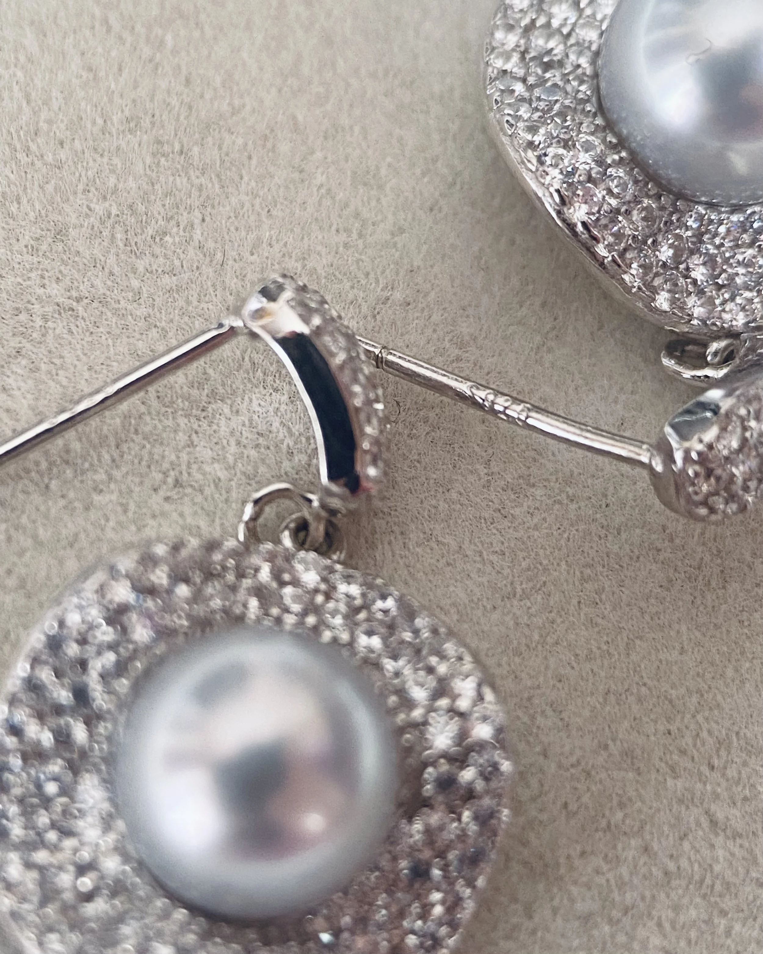 Luxury Pavé Natural Silver Grey Japanese Madama Akoya Pearl Drop Earrings 8.1mm, Japanese S925 Silver Double Halo, Exhibition Piece Starlit Pearls