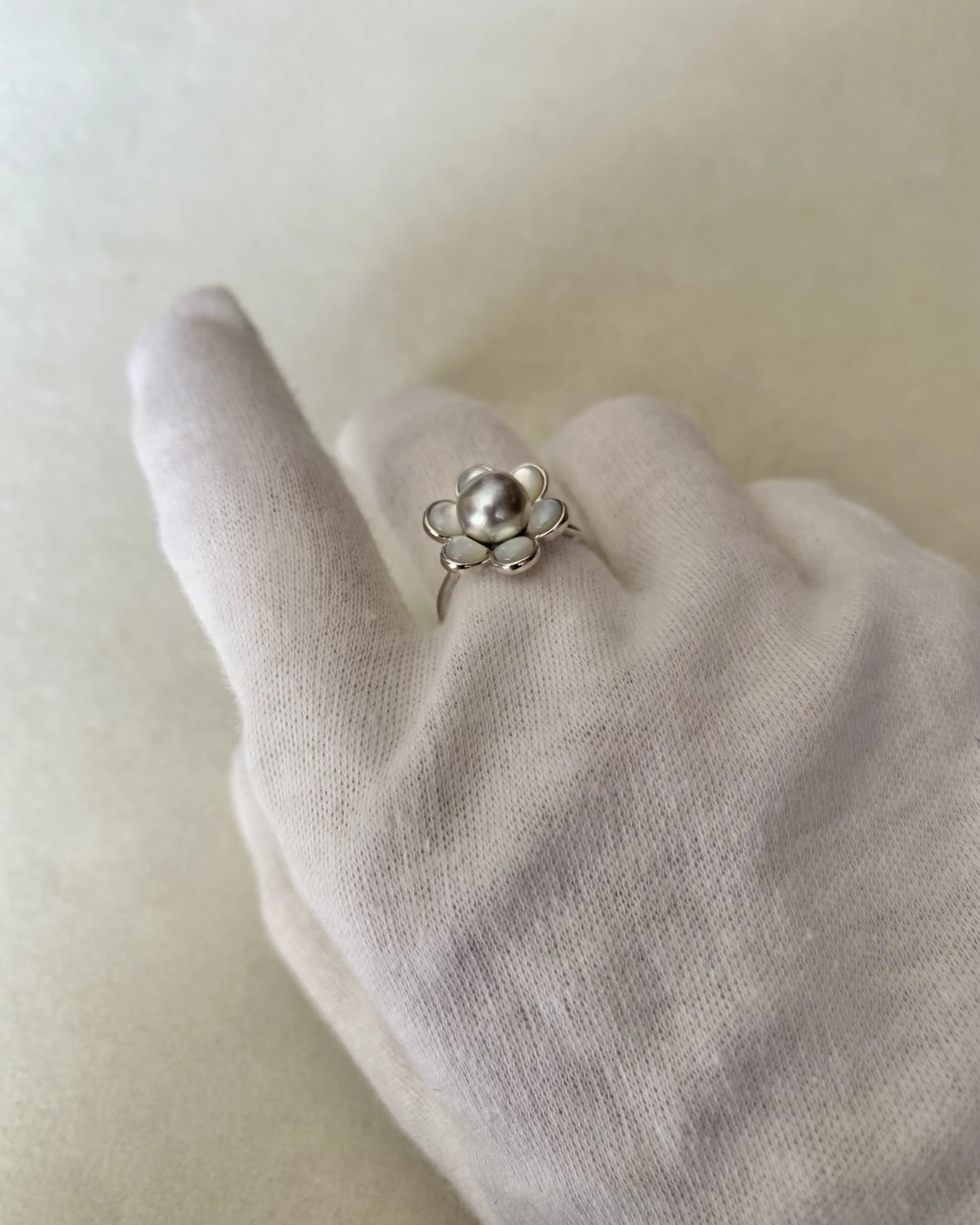 Japanese Natural Silver-Grey Madama Akoya Pearl Flower Ring 7.3mm, Rainbow Overtones, Mother of Pearl Petals, Silver Adjustable Band
