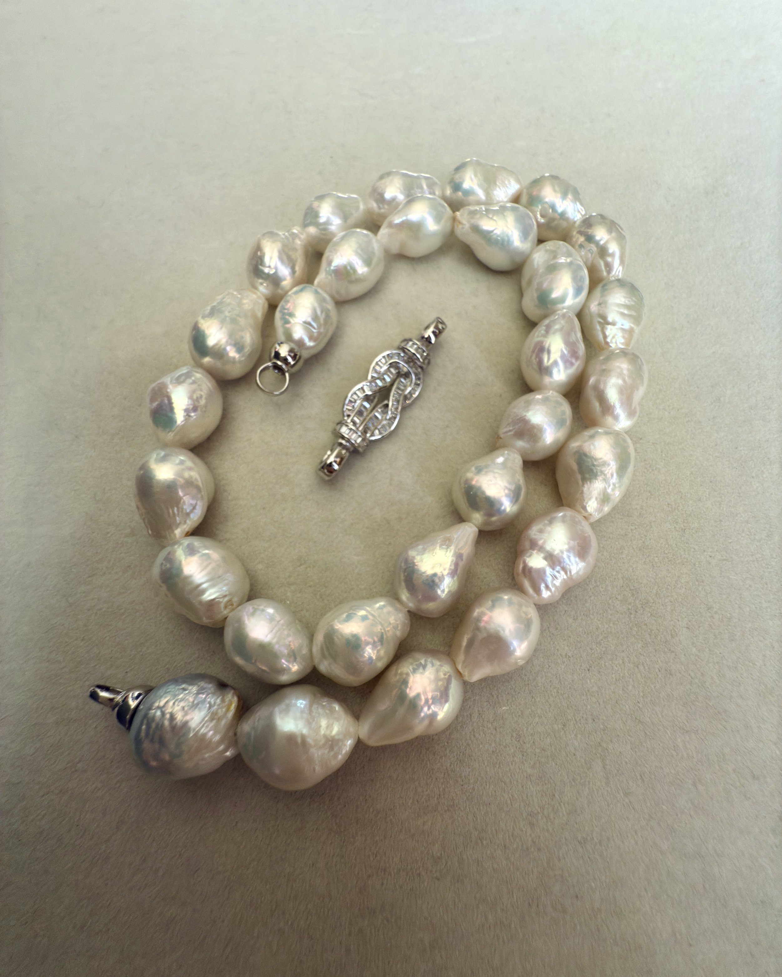 Aurora Iridescence - Large 13-15mm White Freshwater Baroque Pearl Necklace, Baguette Zircon S925 Silver Detachable Woven Infinity Knot Clasp Starlit Pearls