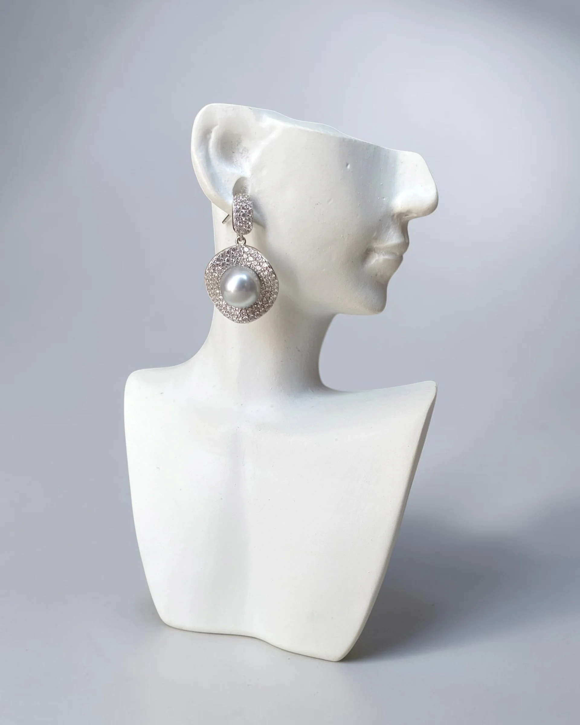 Luxury Pavé Natural Silver Grey Japanese Madama Akoya Pearl Drop Earrings 8.1mm, Japanese S925 Silver Double Halo, Exhibition Piece Starlit Pearls