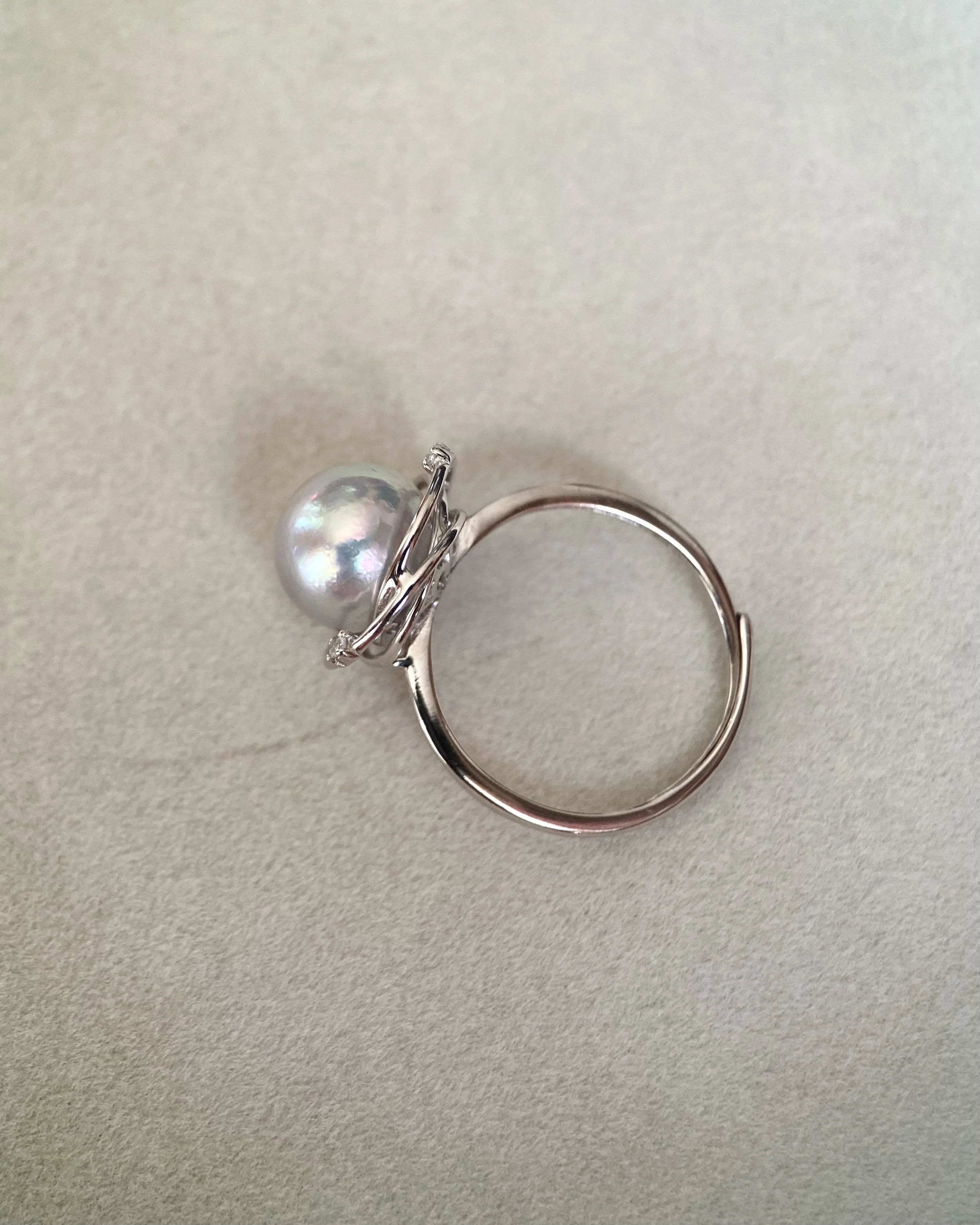 Giant 9.2mm Natural Crystal Silver-Grey Japanese Madama Akoya Pearl Ring, Rainbow Overtones, Celestial Orbit-Inspired S925 Silver Starlit Pearls