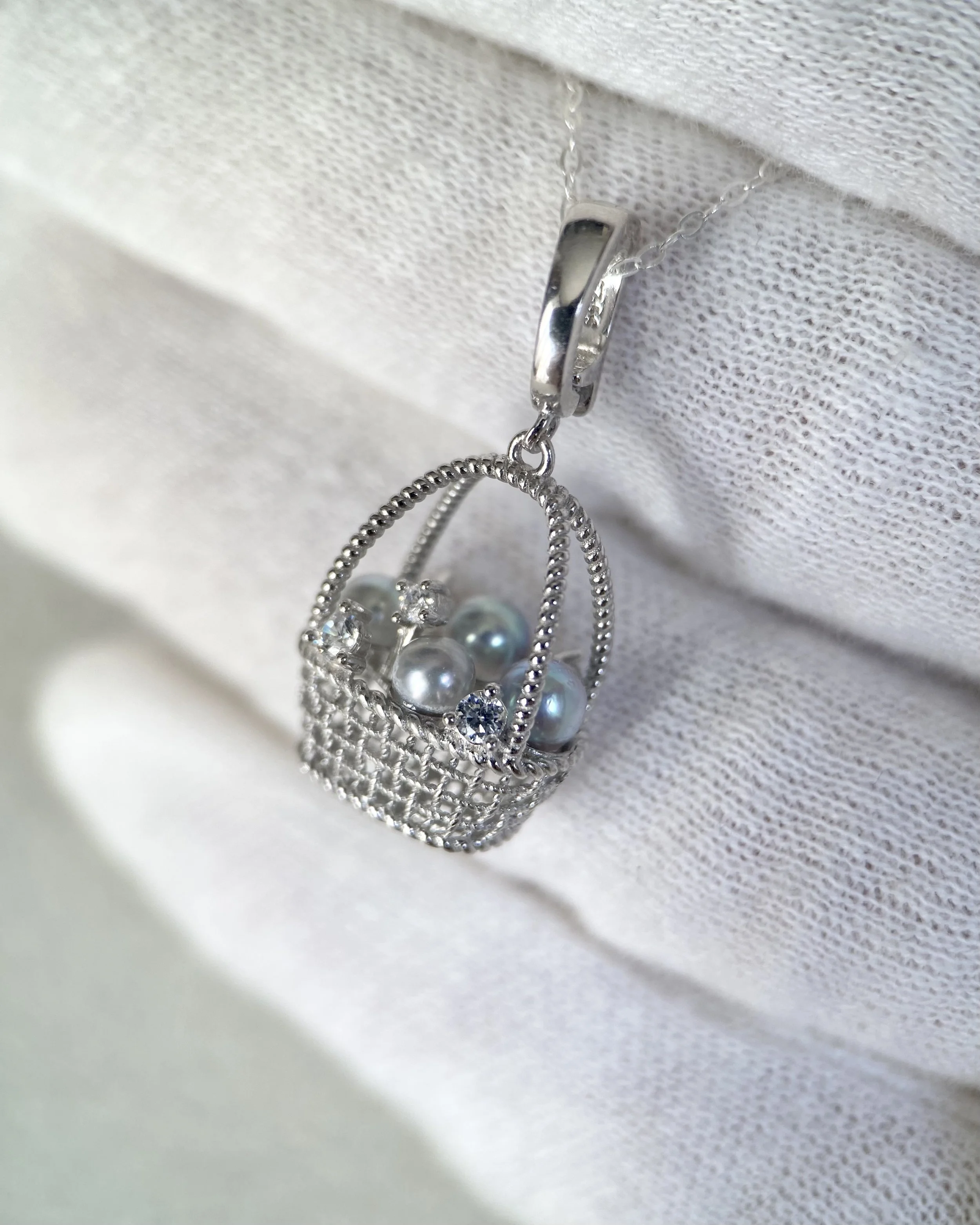 Top Gr Japanese Silver-Grey Saiundama Akoya Pearl Pendant, Sculptural 3D Woven Treasure Basket with Four Pearls_CZ_S925, Show Piece Starlit Pearls