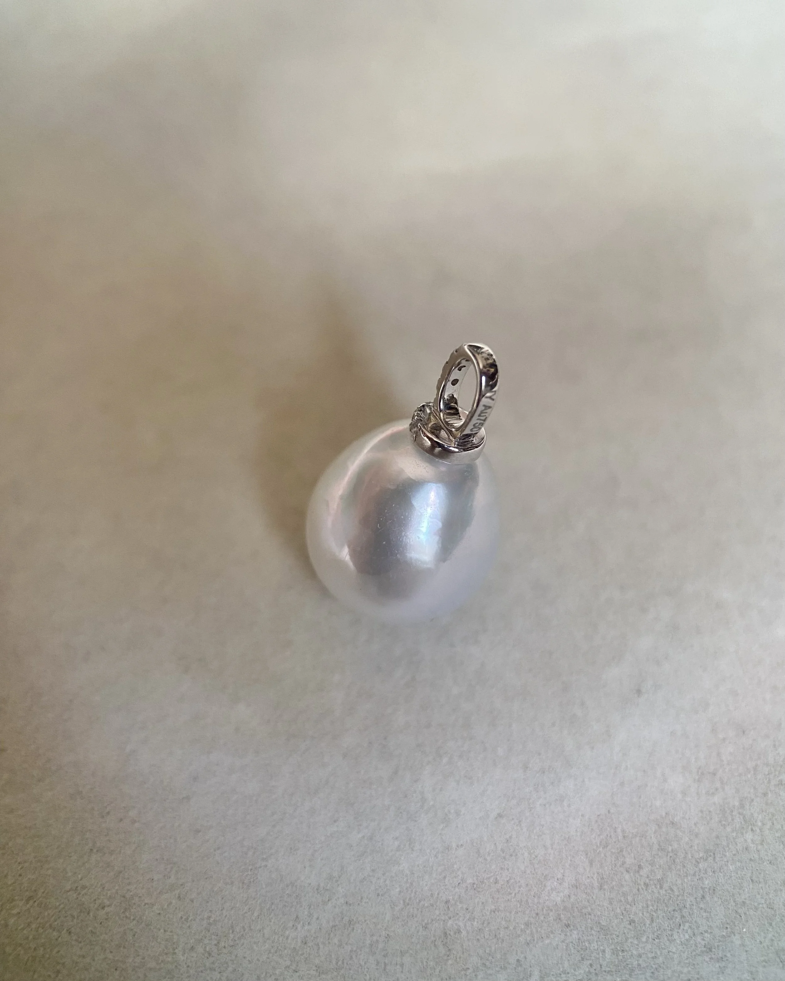 Solid 18ct White Gold_12mm Silver White Australian South Sea Baroque Pearl Pendant, 18K CZ Bail, Rare Cool-Tone Satin Lustre Starlit Pearls