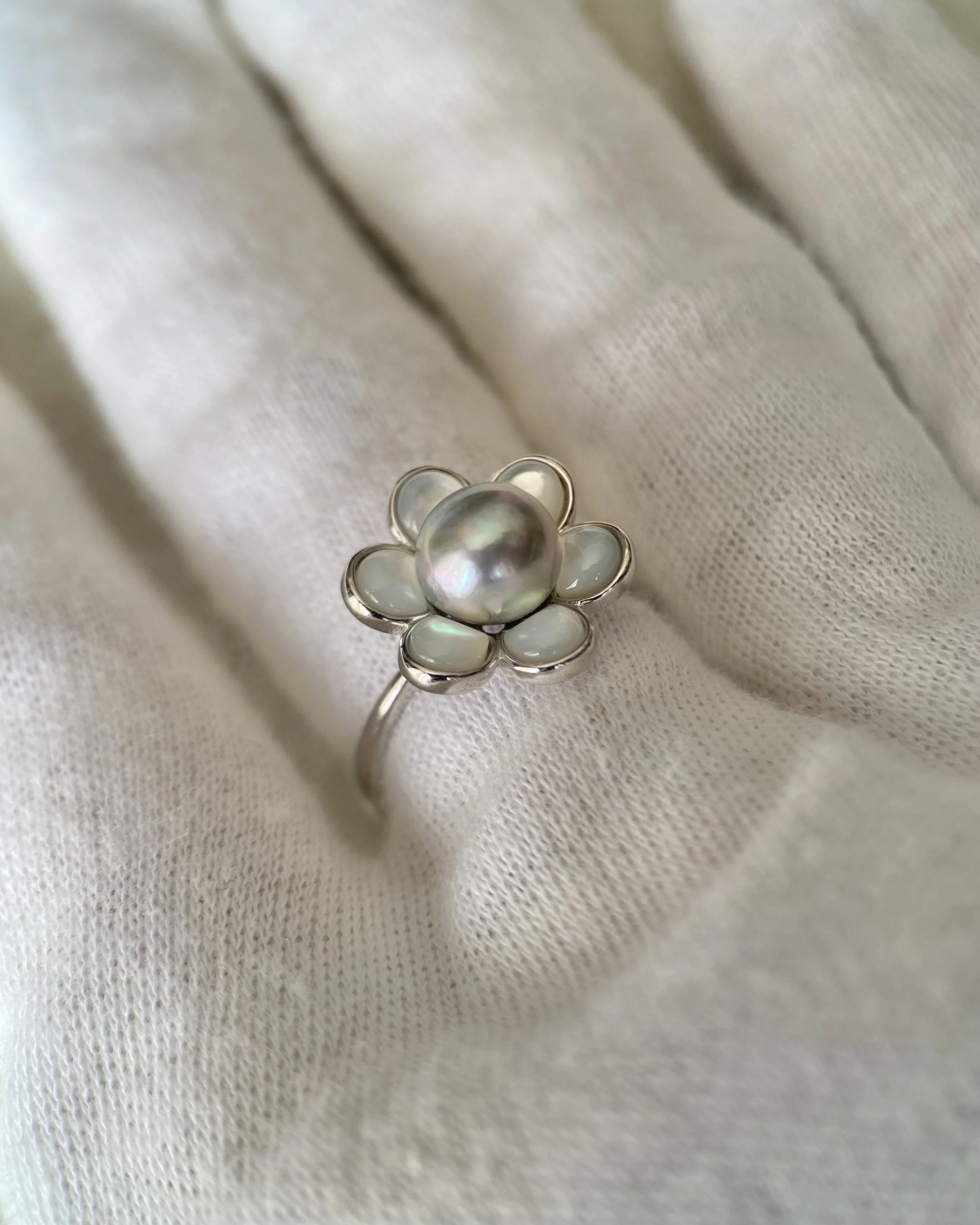 Japanese Natural Silver-Grey Madama Akoya Pearl Flower Ring 7.3mm, Rainbow Overtones, Mother of Pearl Petals, Silver Adjustable Band