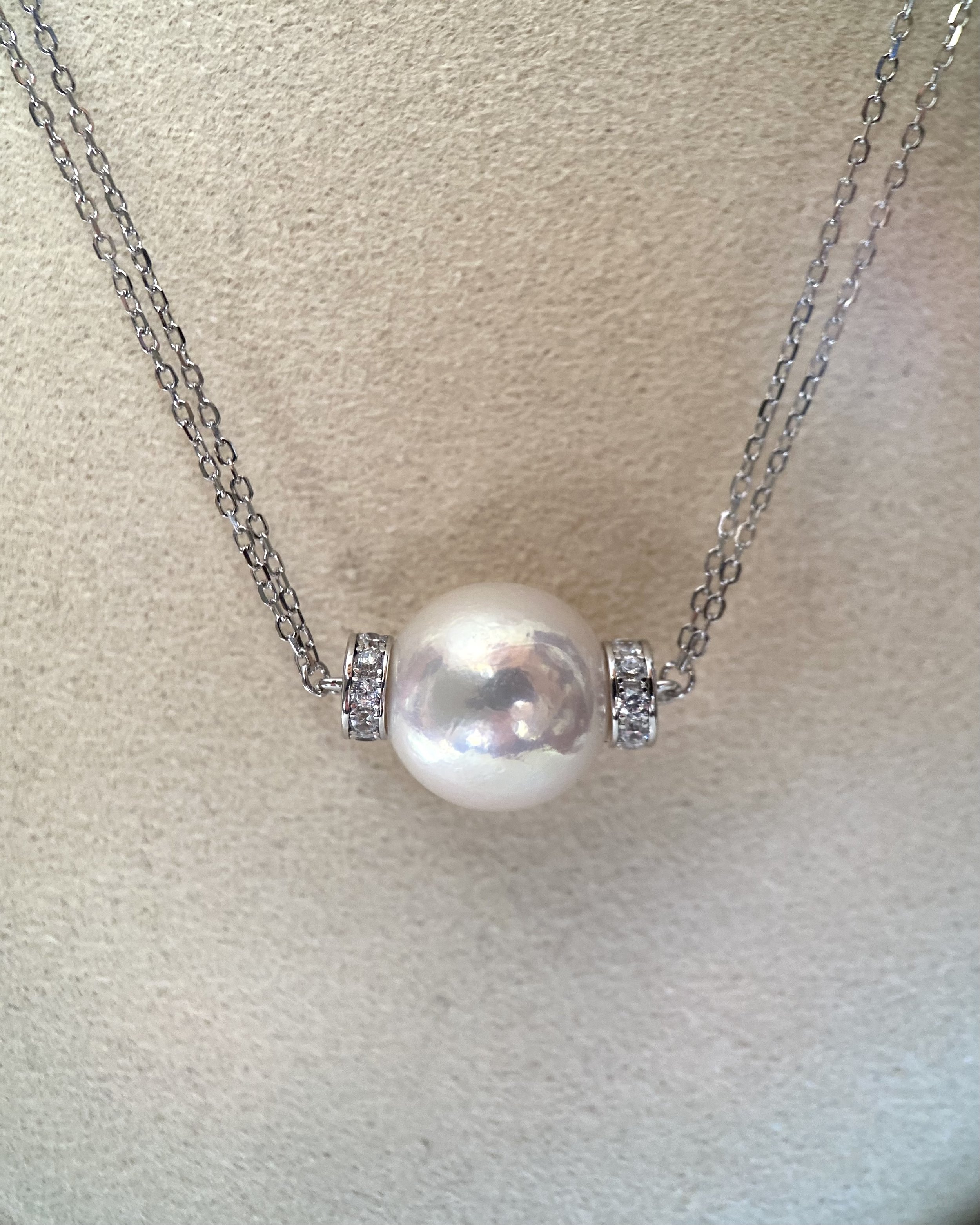 12.5–13mm Radiant White Freshwater Pearl Pendant Necklace, Soft Pink Overtone, Japanese Twin-Chain in S925 Silver, 19" Long, Wedding Starlit Pearls