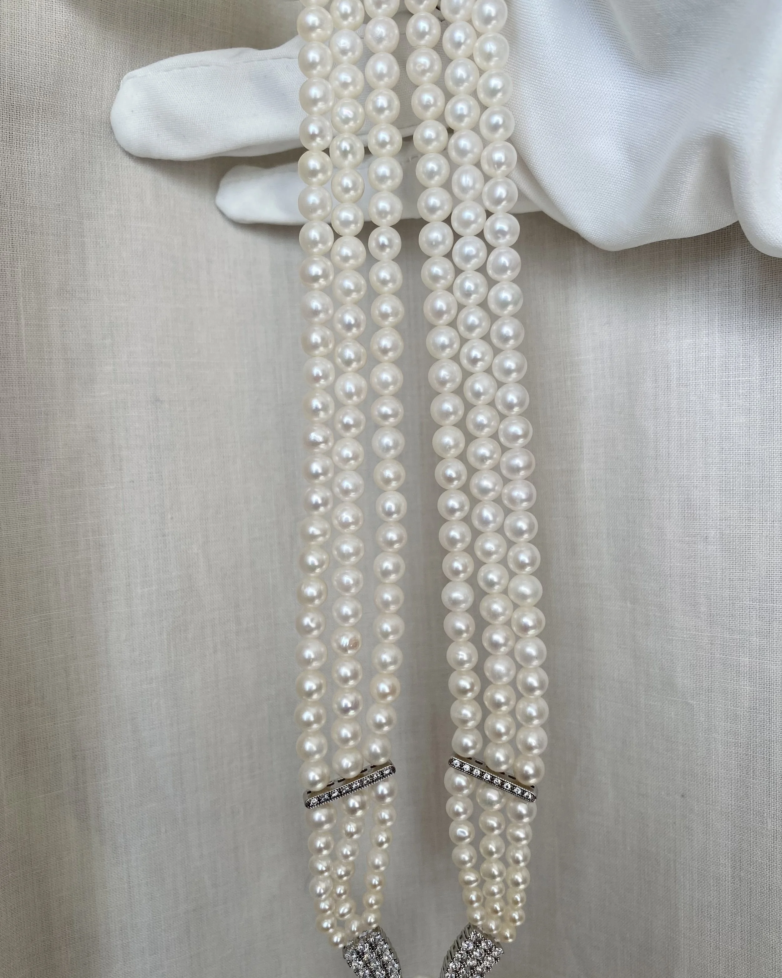 Triple-Strand Classic White Nucleus-Free Freshwater Pearl Necklace 6mm, Graduated Cascade Drop Design, S925 Sterling Silver Starlit Pearls