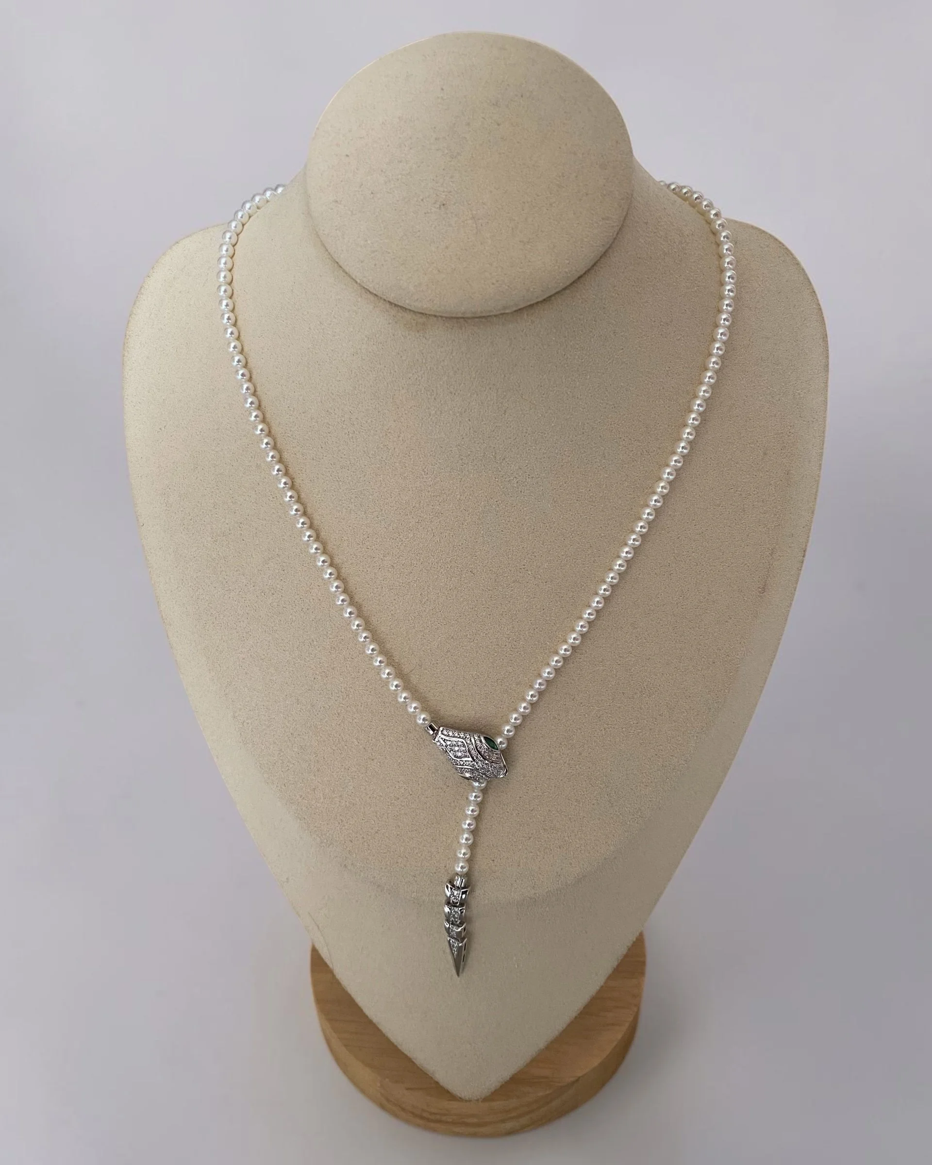 18.7" Long Mini White Freshwater Pearl Necklace 3.5-4mm – Serpent-Inspired S925 Silver Clasp with Emerald CZ Eyes, Wedding or Gifting Starlit Pearls