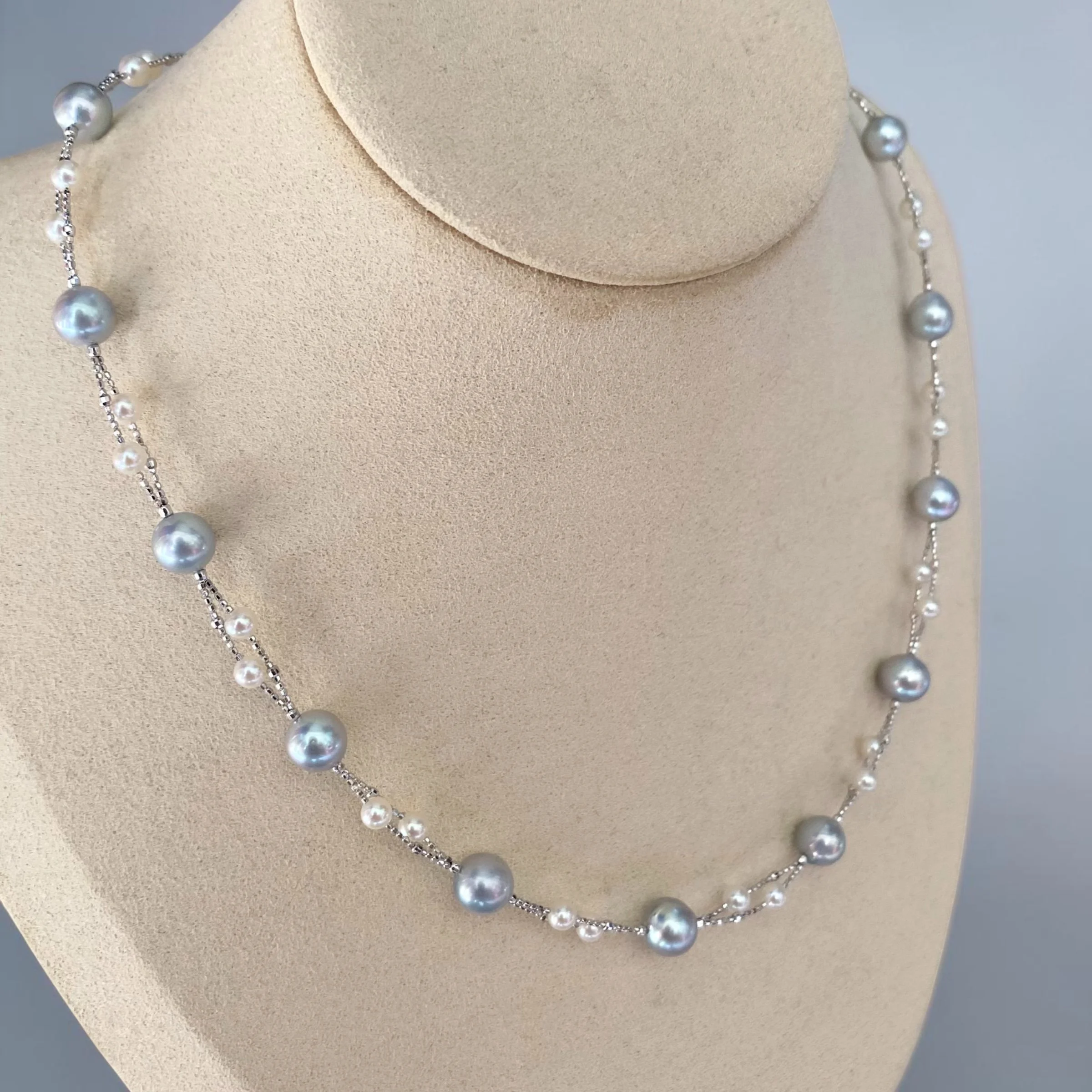 'Celestial Drift' Natural Silver-Grey Japanese Madama Akoya & Mini White Pearl Double-Strand Necklace 7–8mm/3mm, Japanese S925 Silver Starlit Pearls