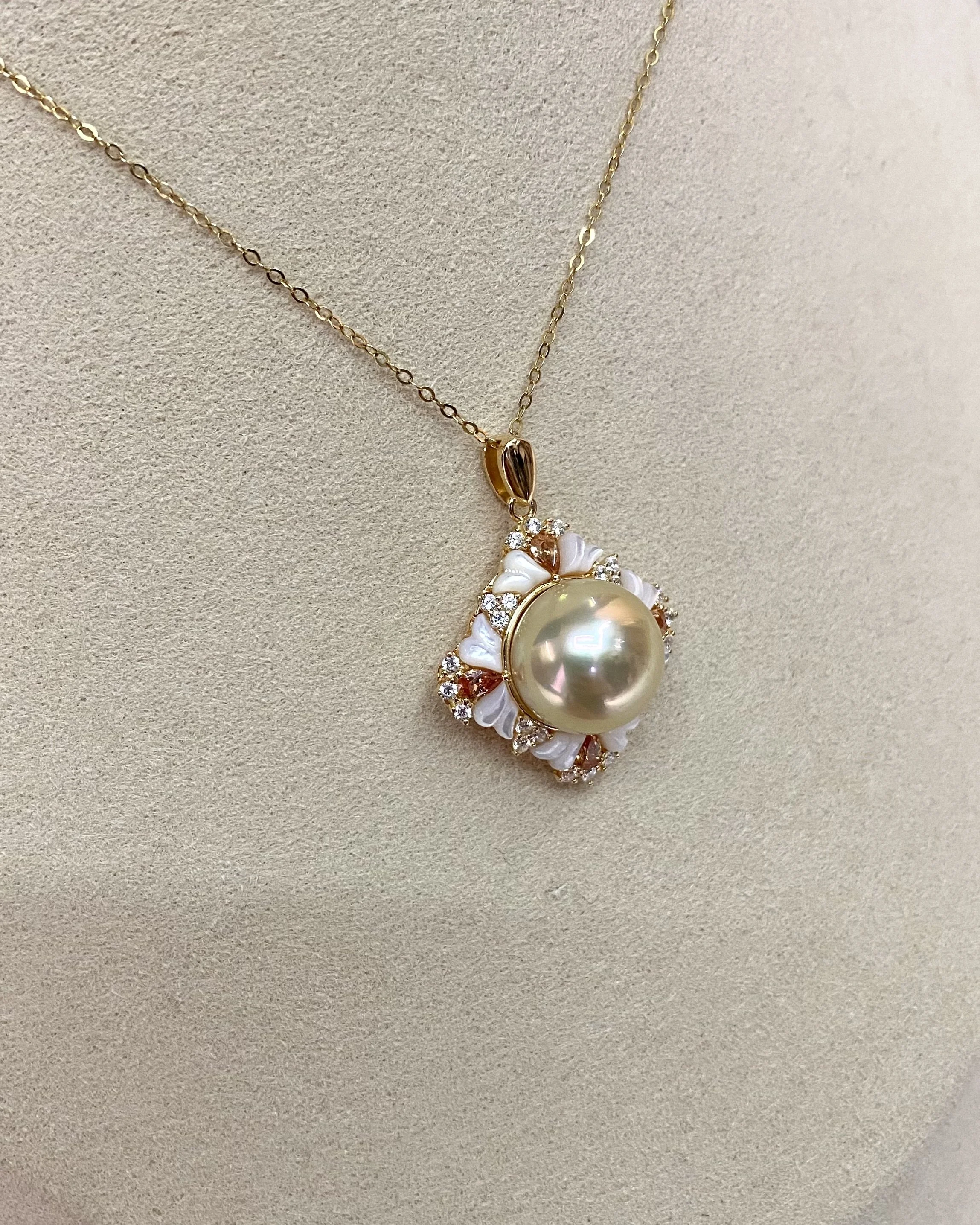 Ultra-Rare 13-13.5mm Lemon Candy Gold Japanese Amami Ōshima Pearl Pendant, 7A Mirror Lustre, Vintage Court-Style Floral S925 Silver MOP & CZ Starlit Pearls