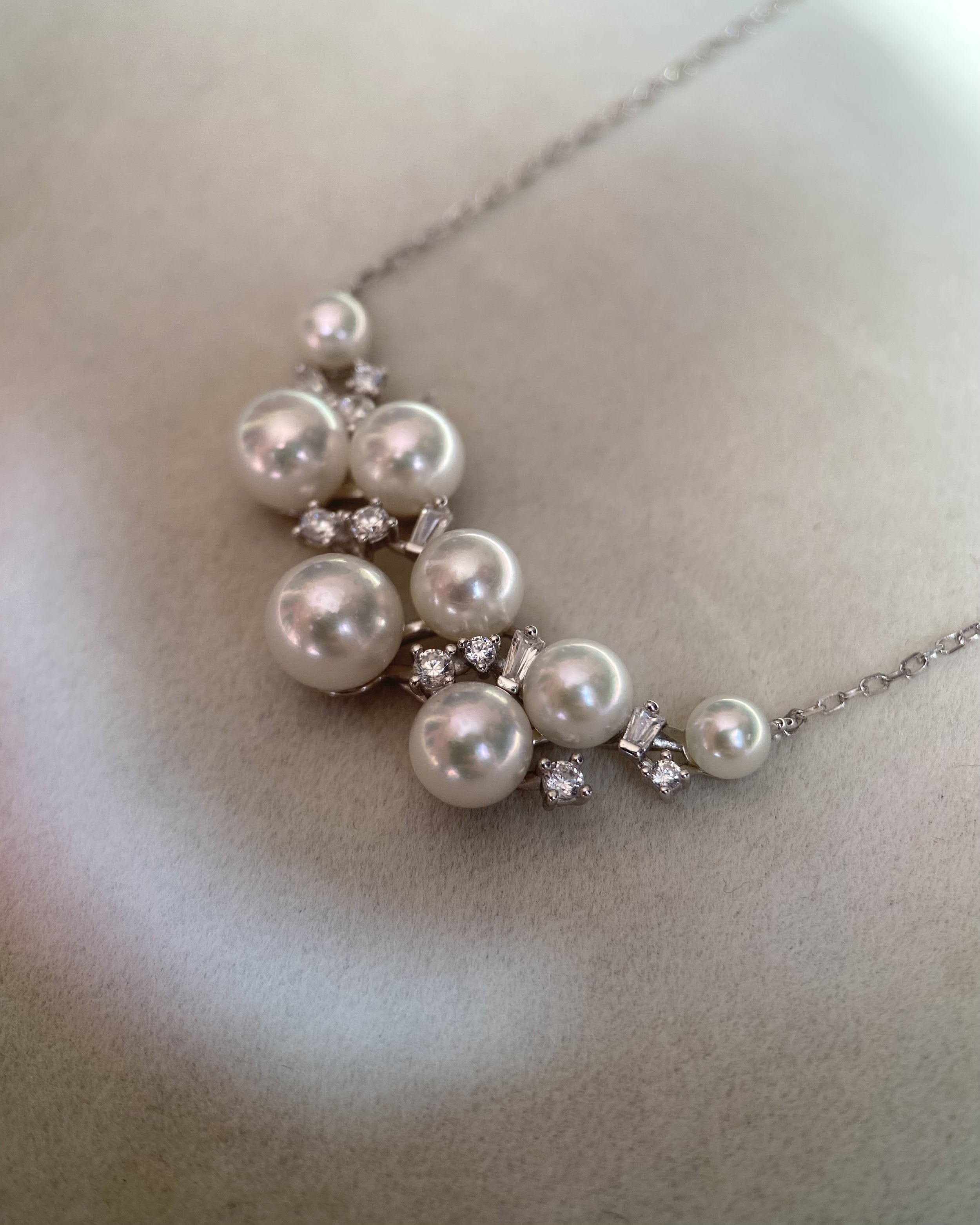Snow White Japanese Pearl Artistic Cluster Necklace, 4–7mm Aurora Sairindama & Akoya, Sparkling S925 Silver Rolo Chain, Show Piece Starlit Pearls