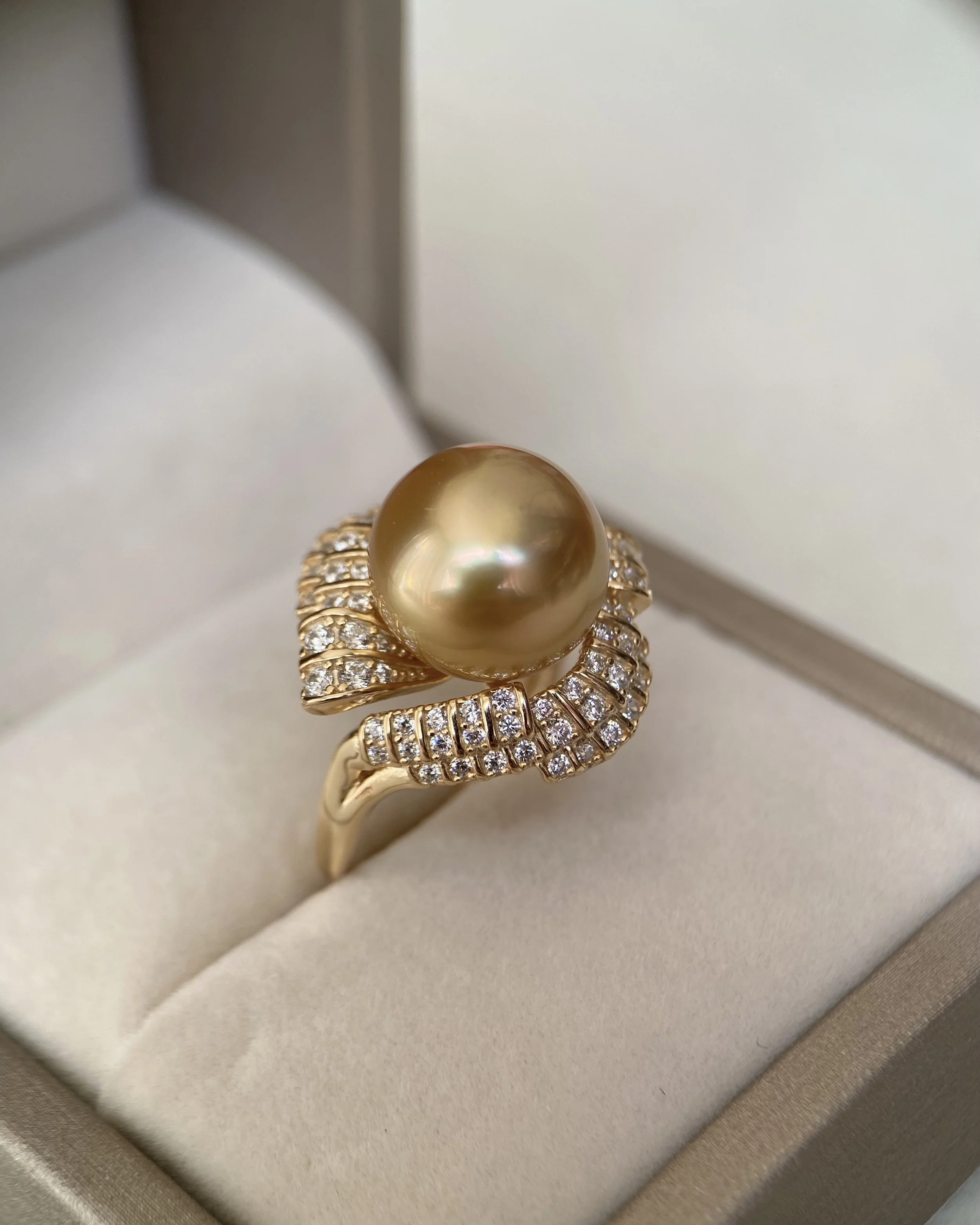 Large 13.2mm Golden South Sea Pearl Ring, Deep Rich Gold Tone, Sculptural Ribbon Pavé-Set S925 Sterling Silver Adjustable Band Starlit Pearls