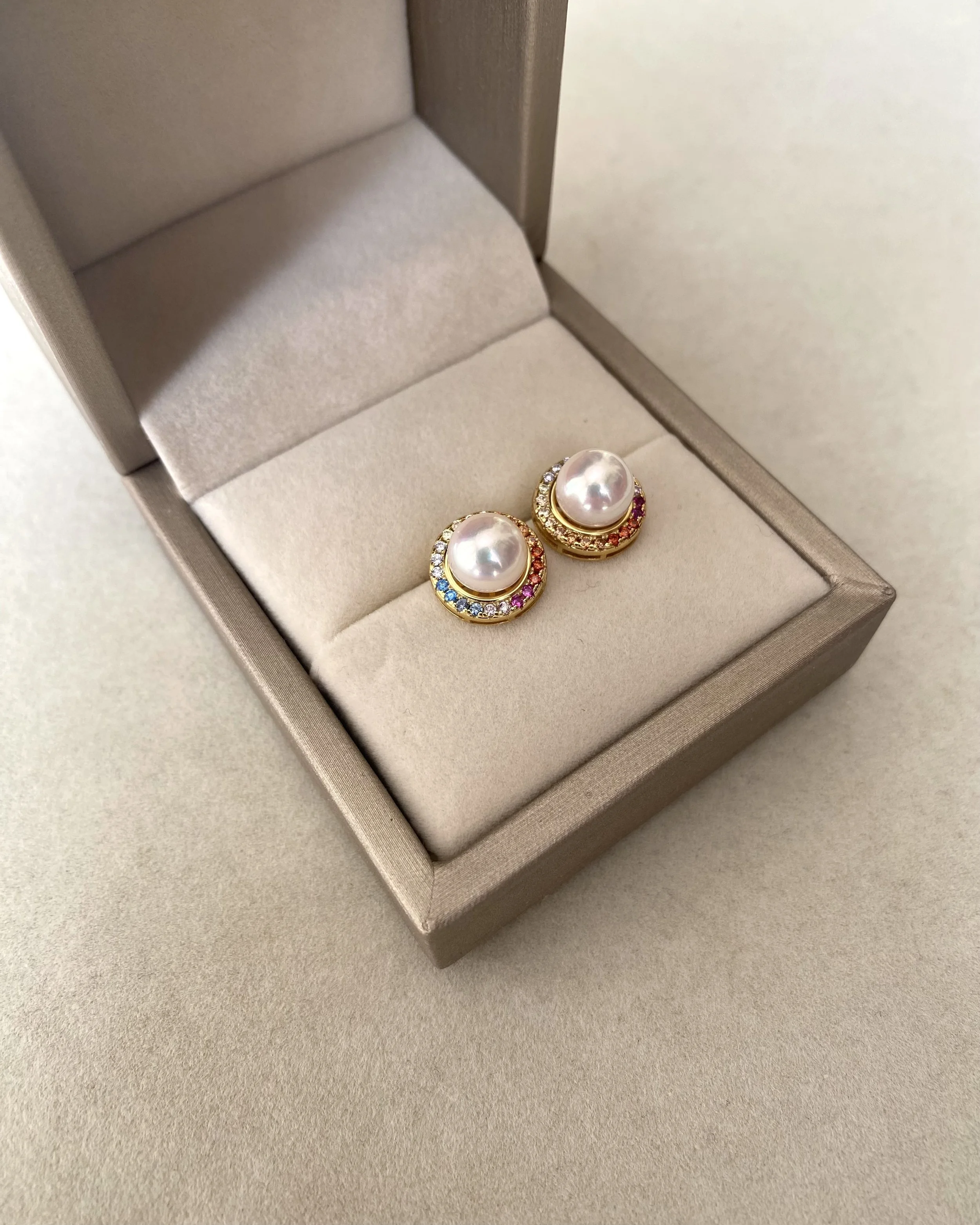 Rare Padparadscha_Japanese Akoya Pearl Earrings, 8mm Tennyo, White-Rose Overtone, S925 Bezel-Set with Rainbow Sapphire Halo, Showpiece Starlit Pearls