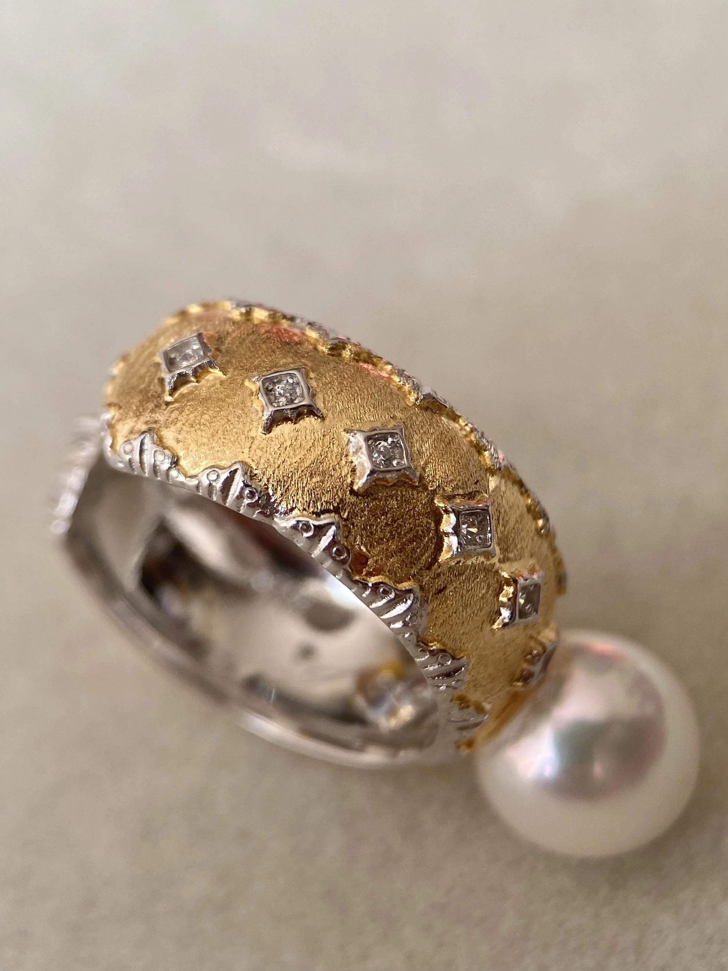 Rare Japanese White-Clear Akoya Pearl Ring 8.5mm, Soft Pink Overtone, Elegant Two-Tone Engraved S925 Silver Adjustable Wide Band Starlit Pearls