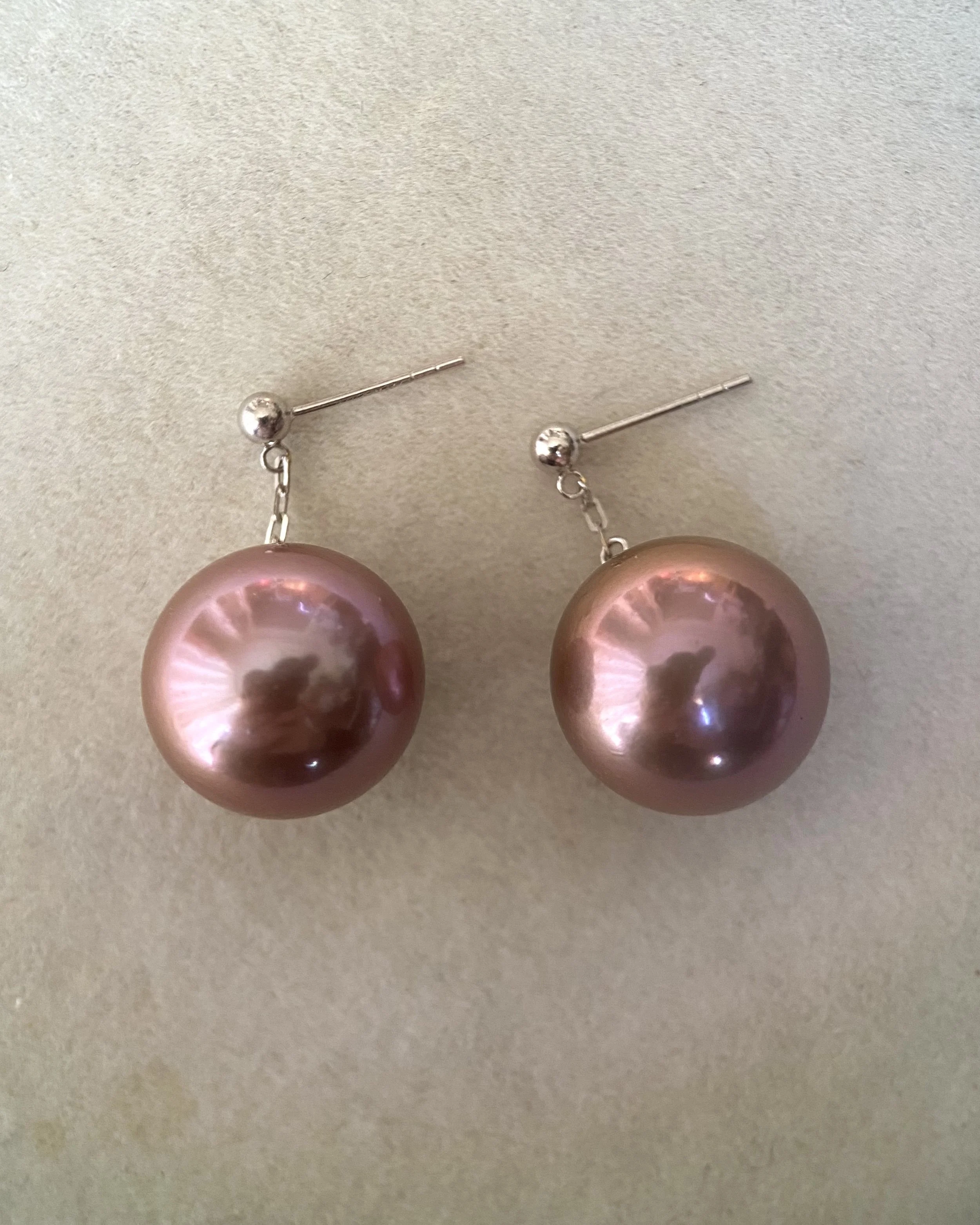 Giant 14.2mm Natural Plum-Pie Purple Freshwater Pearl Drop Earrings – Top-Tier 6A Quality, Mirror Lustre, Thick Solid 18K White Gold Starlit Pearls