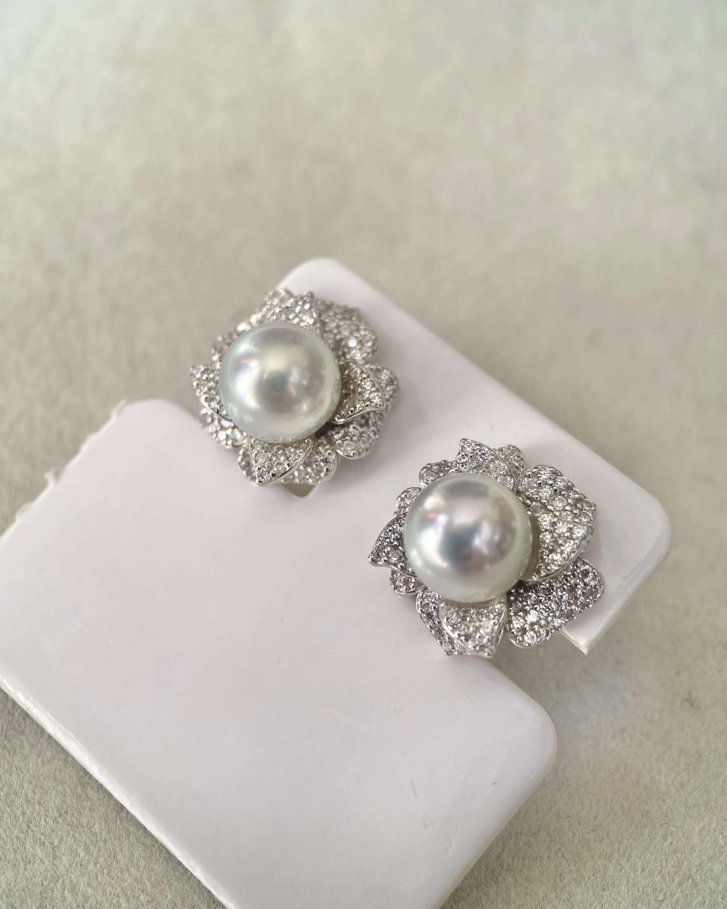 8mm Japanese Natural Silver-Grey Madama Akoya Pearl Camellia Stud Earrings, Mirror Lustre, S925 Layered Pavé CZ Petals, Show Piece Starlit Pearls