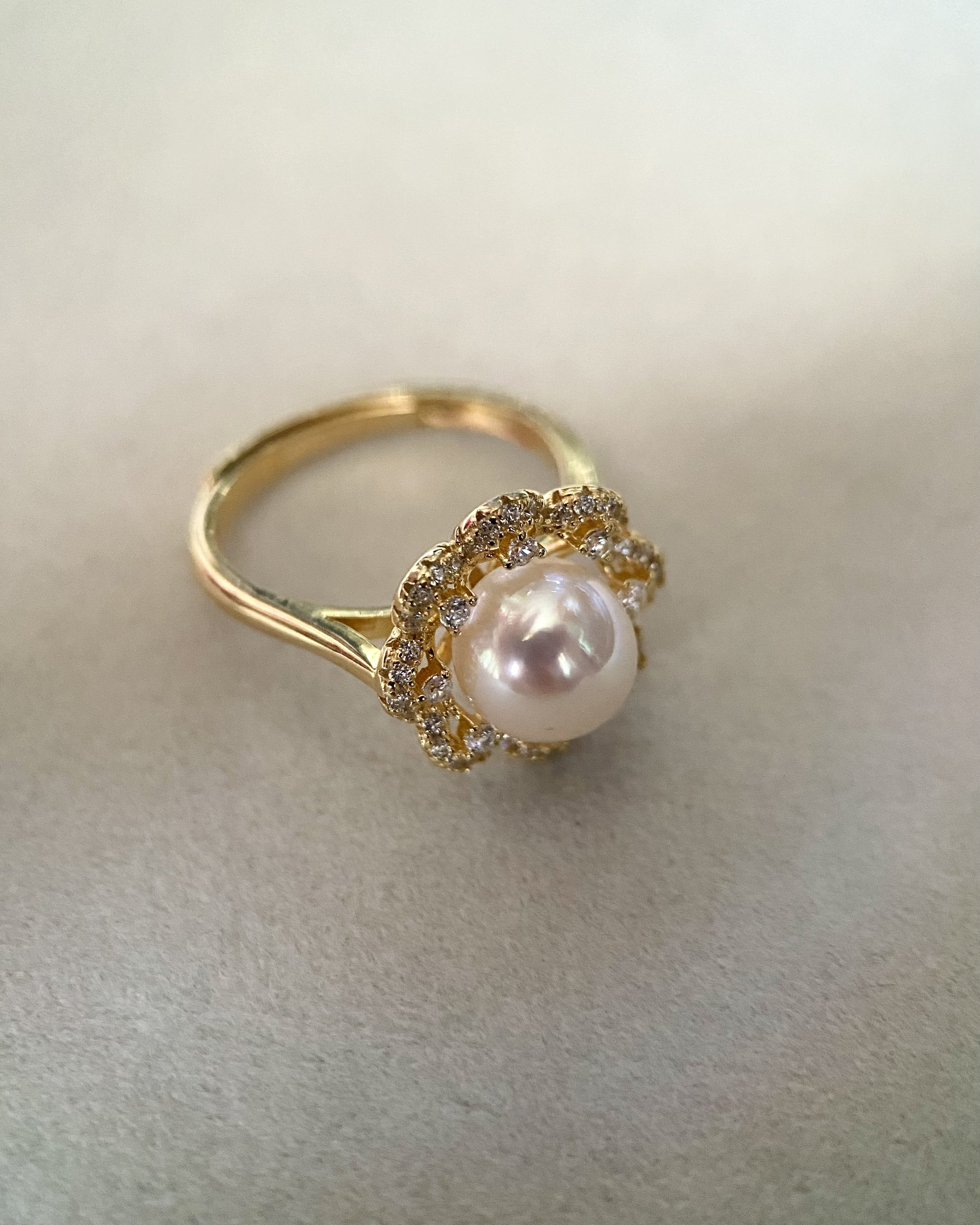 8-8.5mm Japanese White Akoya Pearl Ring, Vivid Pink Overtone, from Renowned Otsuki Pearl, Adjustable S925 Silver w Dazzling CZ Flower Design Starlit Pearls