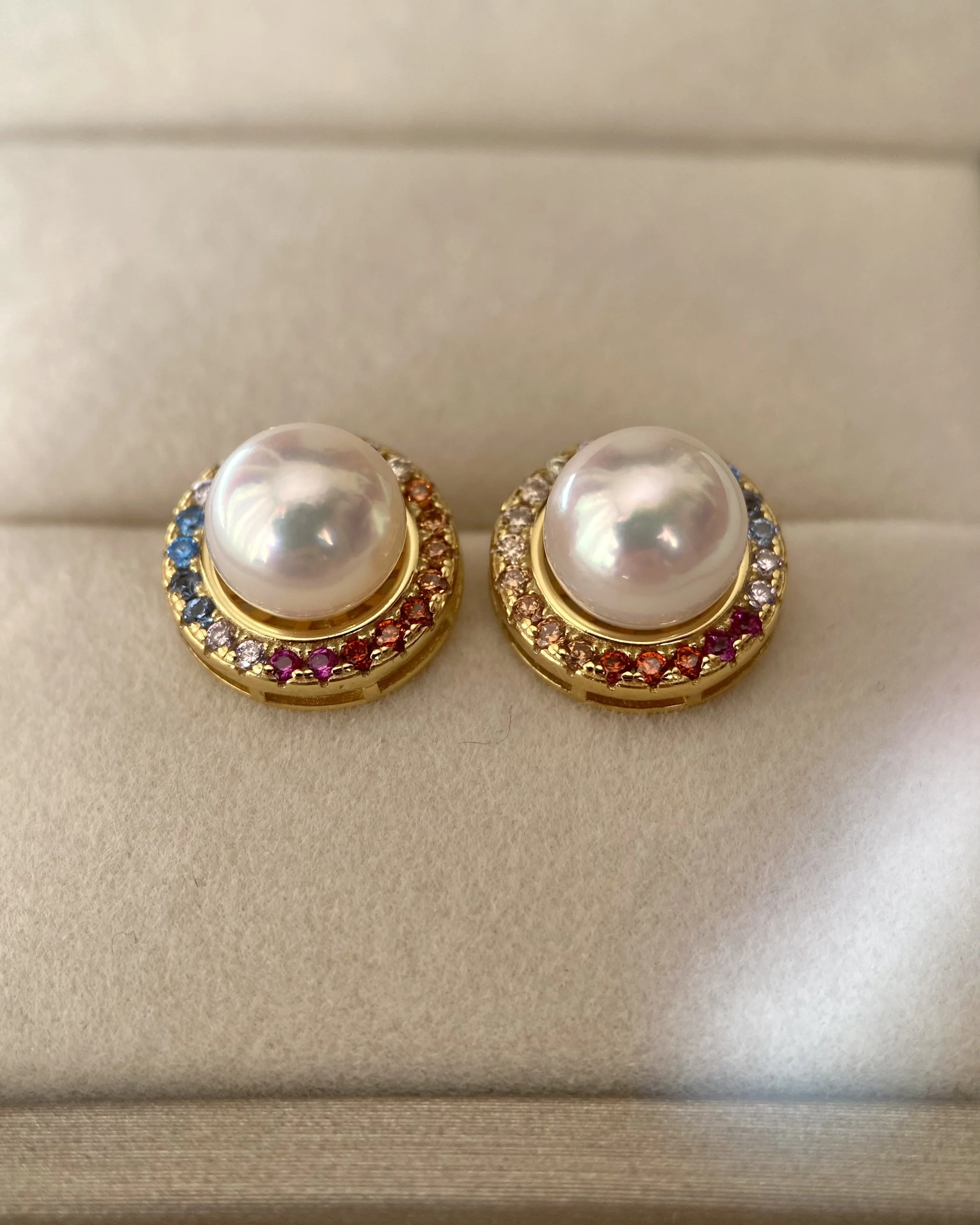 Rare Padparadscha_Japanese Akoya Pearl Earrings, 8mm Tennyo, White-Rose Overtone, S925 Bezel-Set with Rainbow Sapphire Halo, Showpiece