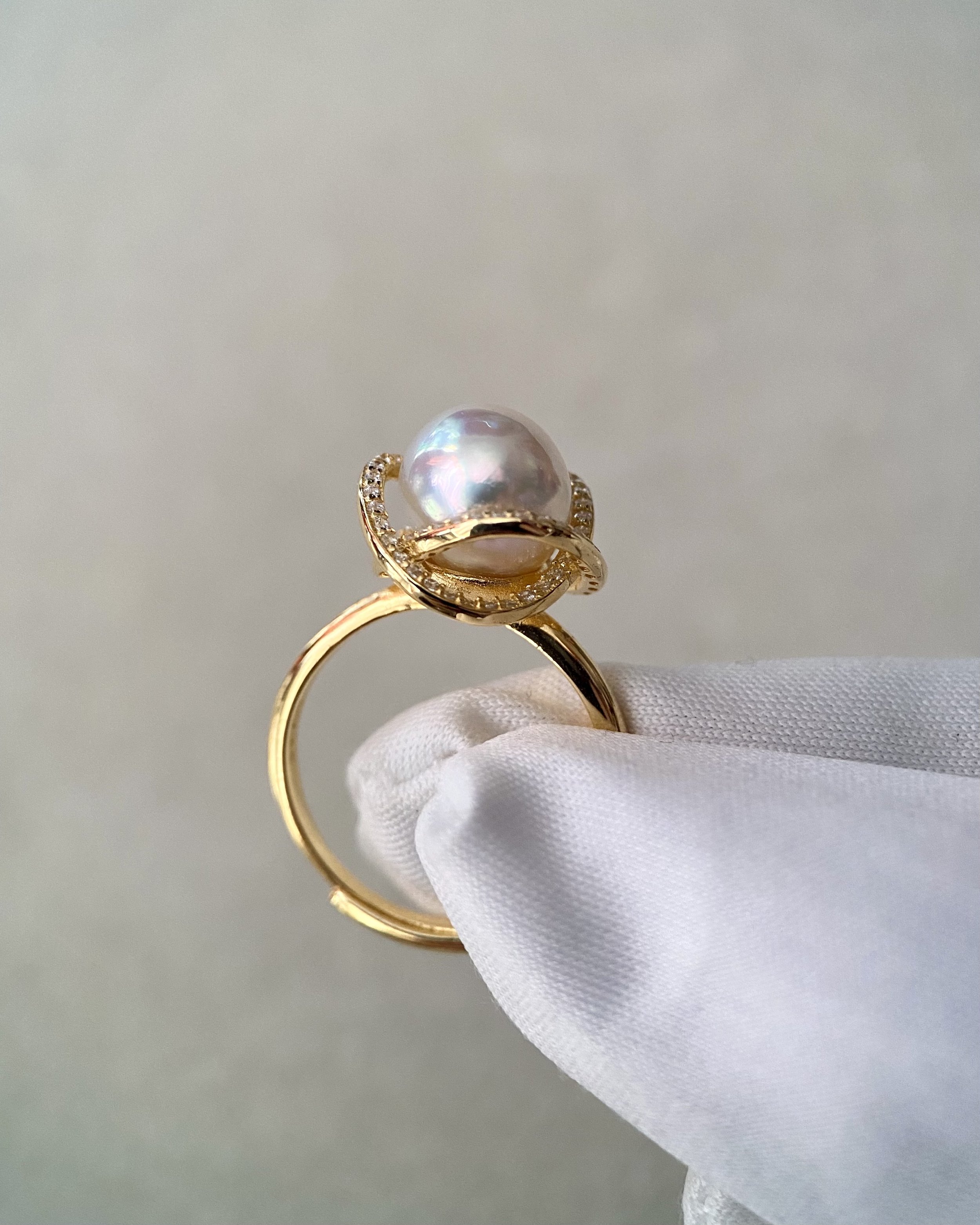 9mm Japanese Sakura Pink Akoya Pearl Ring, Brilliant Lustre, Pavé-Set S925 Interwoven Wave Adjustable Band, Pearl from Renowned Otsuki Pearl Starlit Pearls