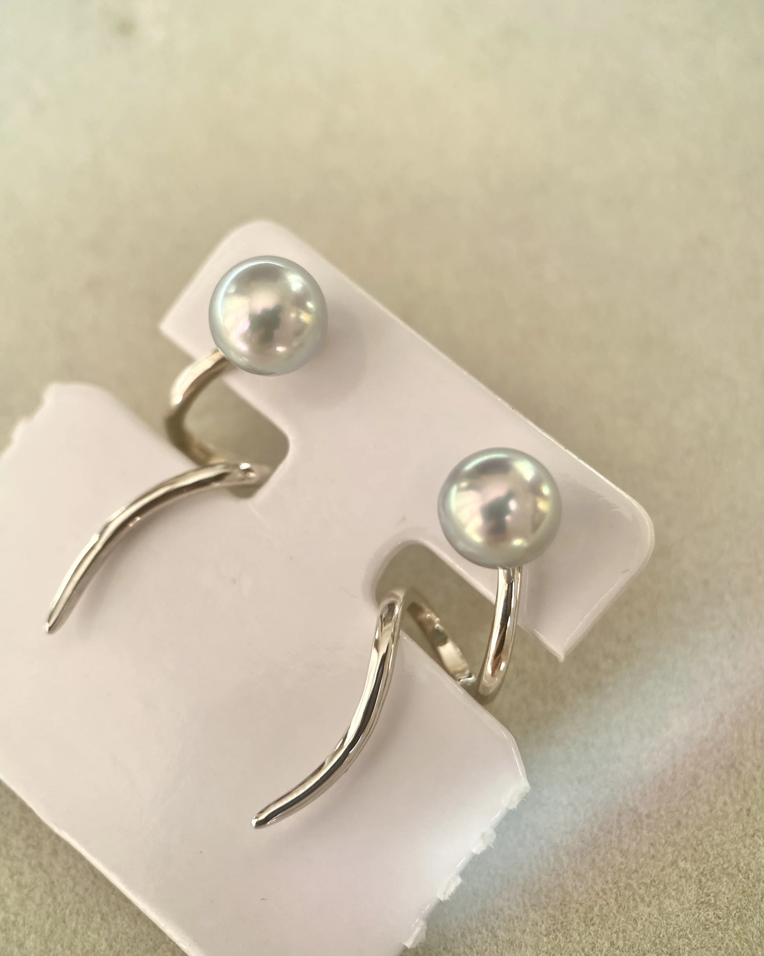 Natural Silver-Grey Blue Japanese Madama Akoya Pearl Earrings 7.1mm, Mirror Lustre, Sculptural Ribbon Wave S925 Design, Show Piece Starlit Pearls