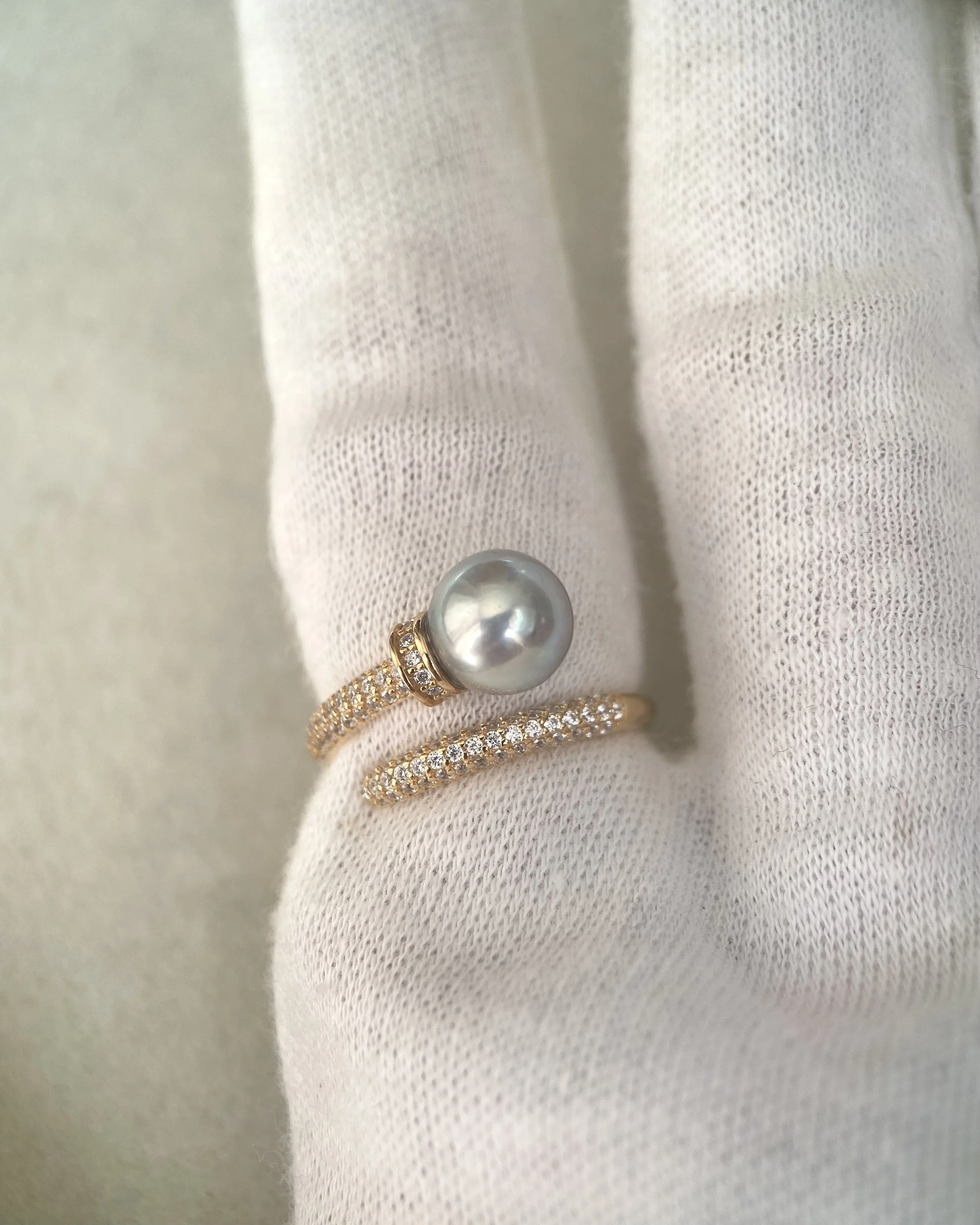 Premium 8.3mm Natural Silver-Grey Blue Japanese Madama Akoya Pearl Nail Ring, Mirror Lustre, S925 & Pavé CZ, Adjustable, Show Piece Starlit Pearls