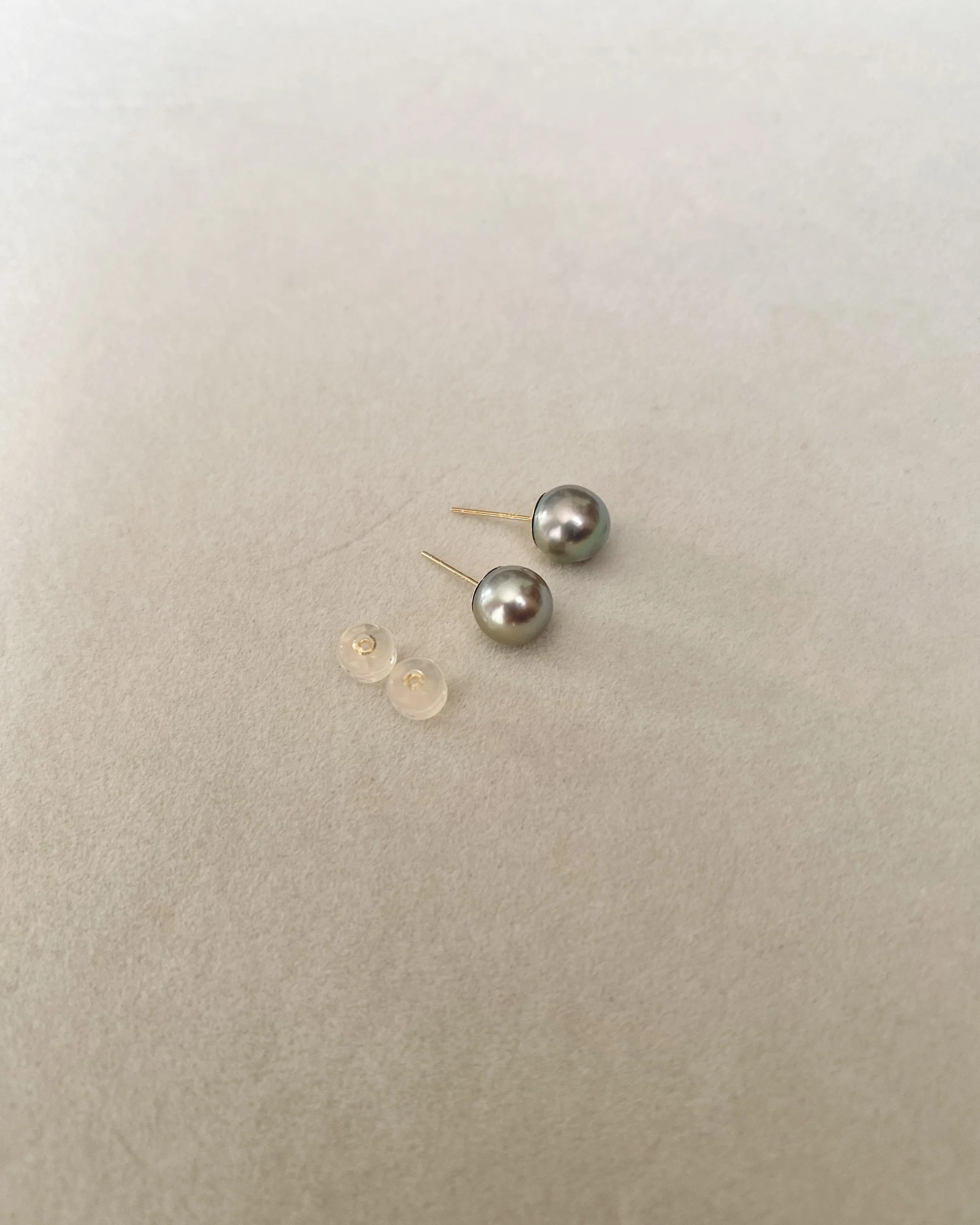 8mm Silver Olive-Green Japanese Madama Akoya Pearl Stud Earrings, Metallic Lustre, Solid 18K Thick Posts & Full Gold Cap Setting Starlit Pearls