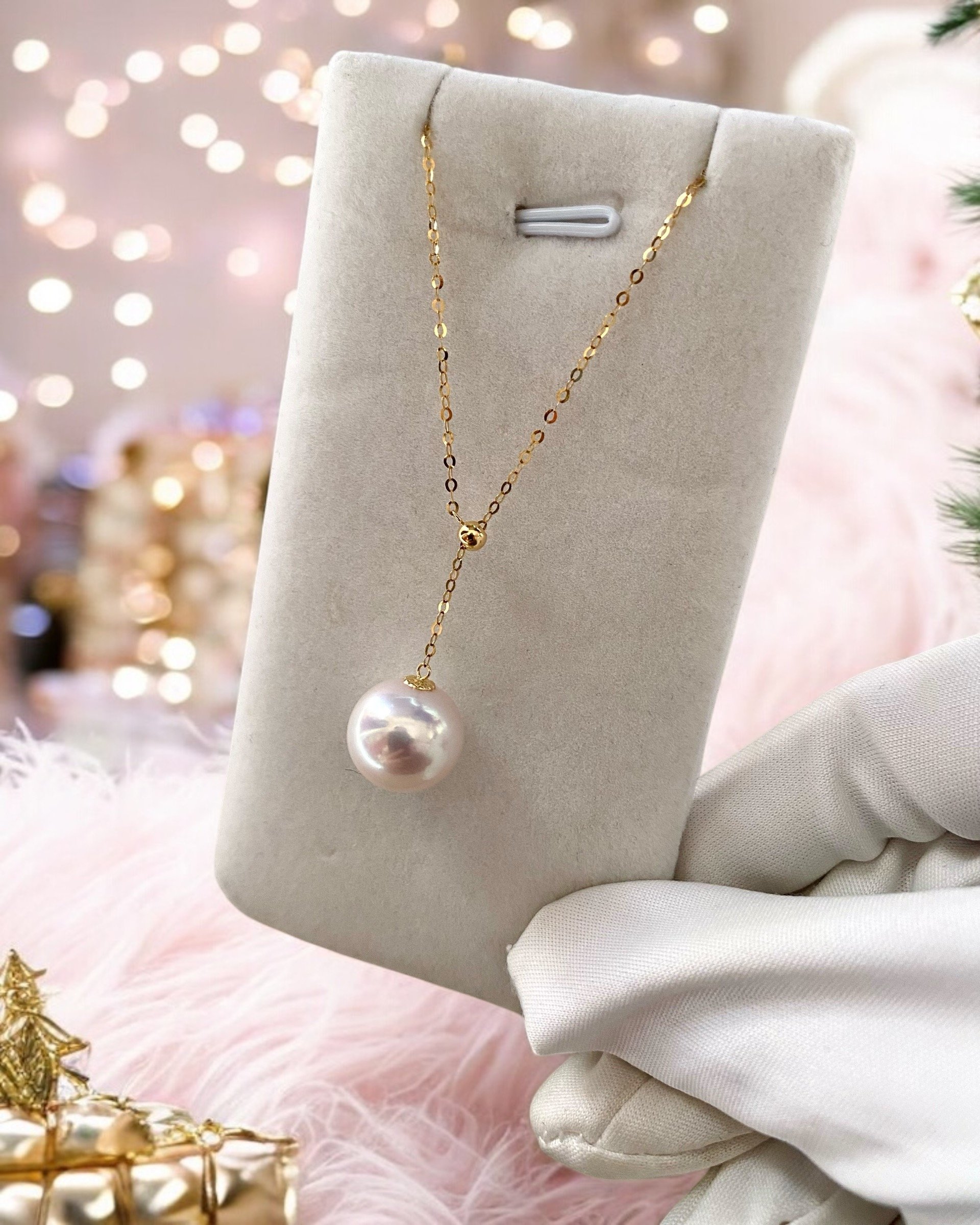 Perfect 11.5mm Japanese Rose Pink Freshwater Pearl Pendant Necklace, Brilliant Aurora Lustre, Sparkle Adjustable 18K Solid Gold Y-Chain Starlit Pearls