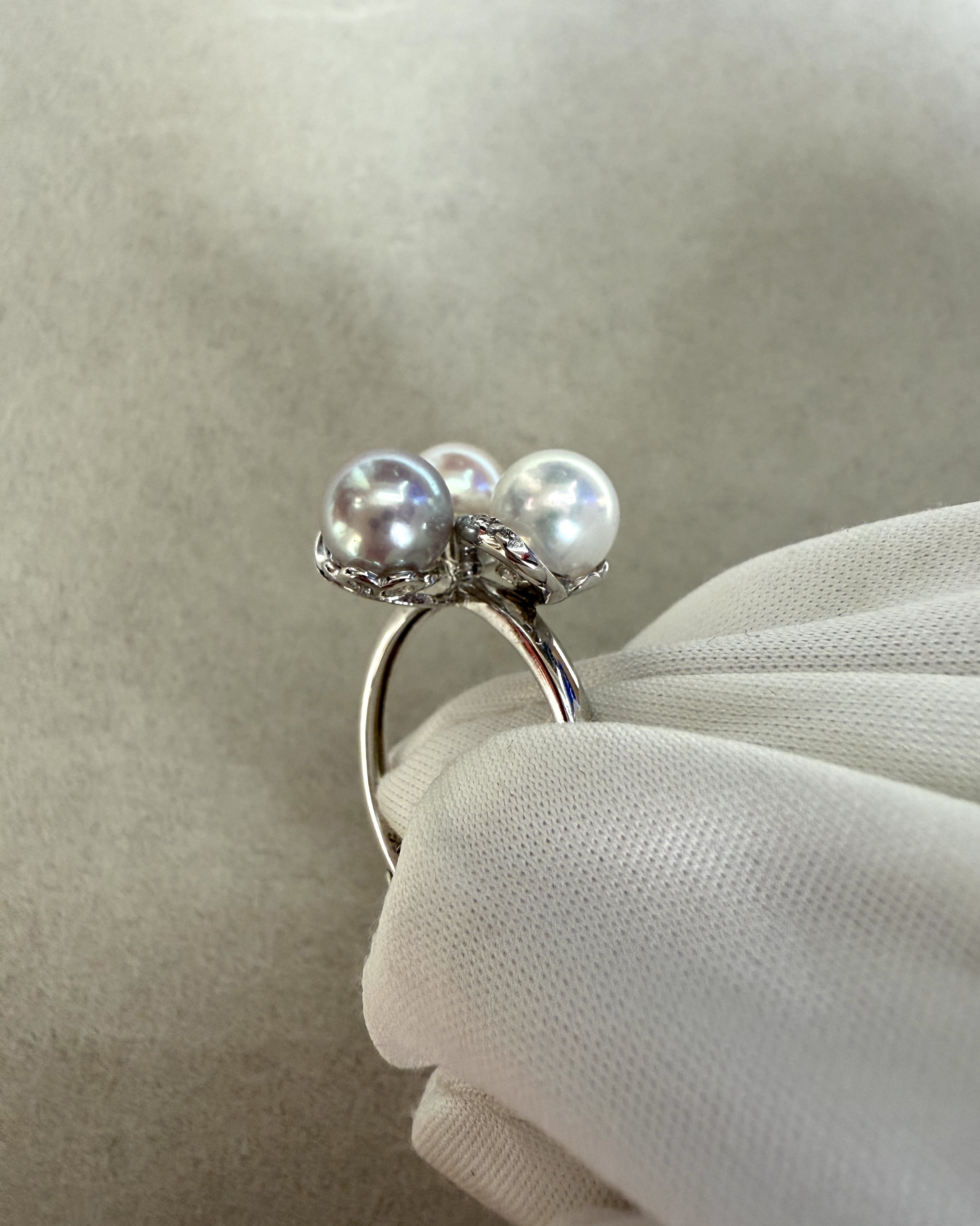 Specially Selected Tricolour Japanese Akoya Pearl Ring, 6.5mm White/Pink/Silver Pearls, Original Japanese S925 Silver Bouquet, Adjustable Starlit Pearls
