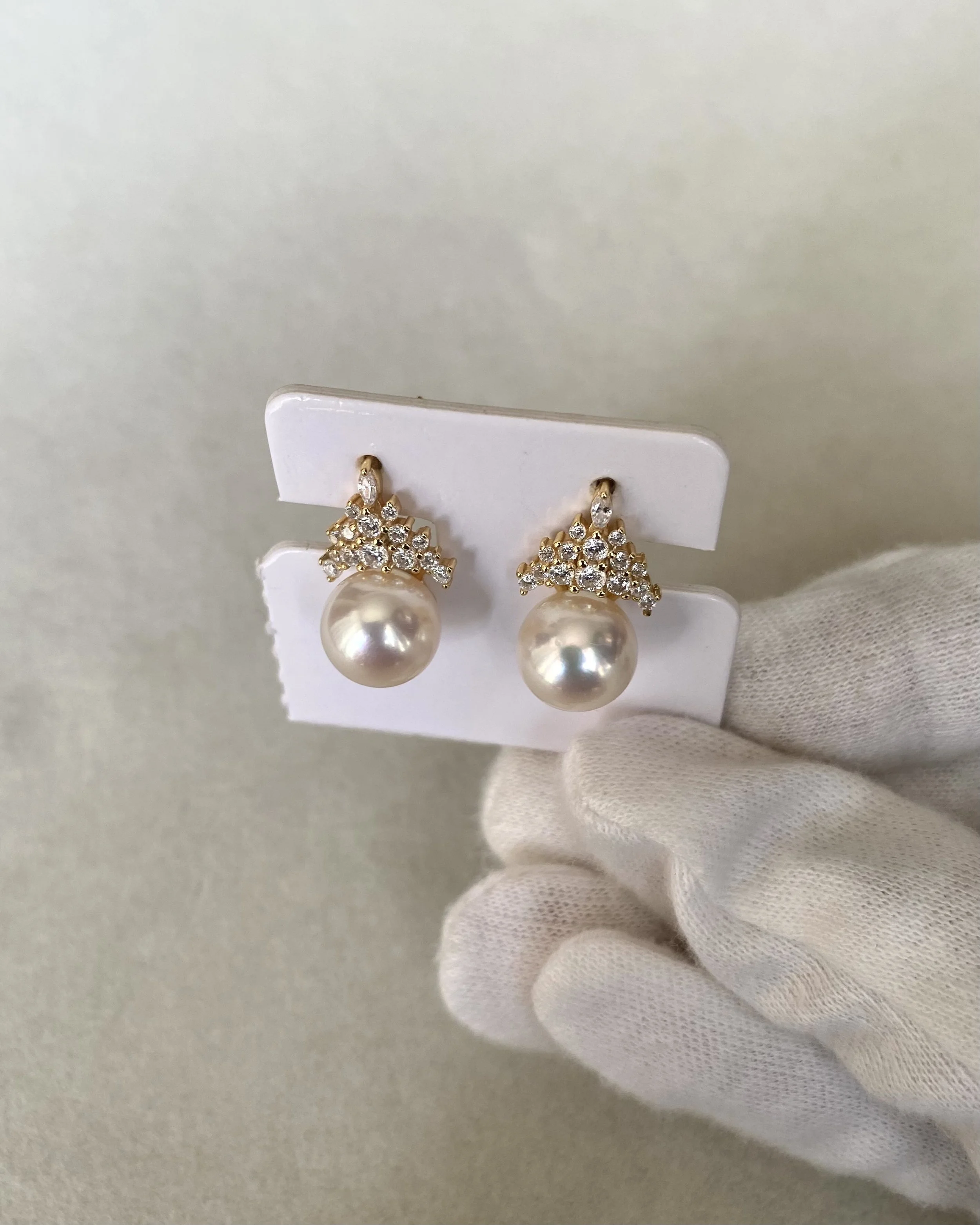 Top Quality Giant 9.2mm Japanese White Koshimono Akoya Pearl Earrings, Crown S925 Pavé Design, Exceptional High-Intensity Lustre Starlit Pearls