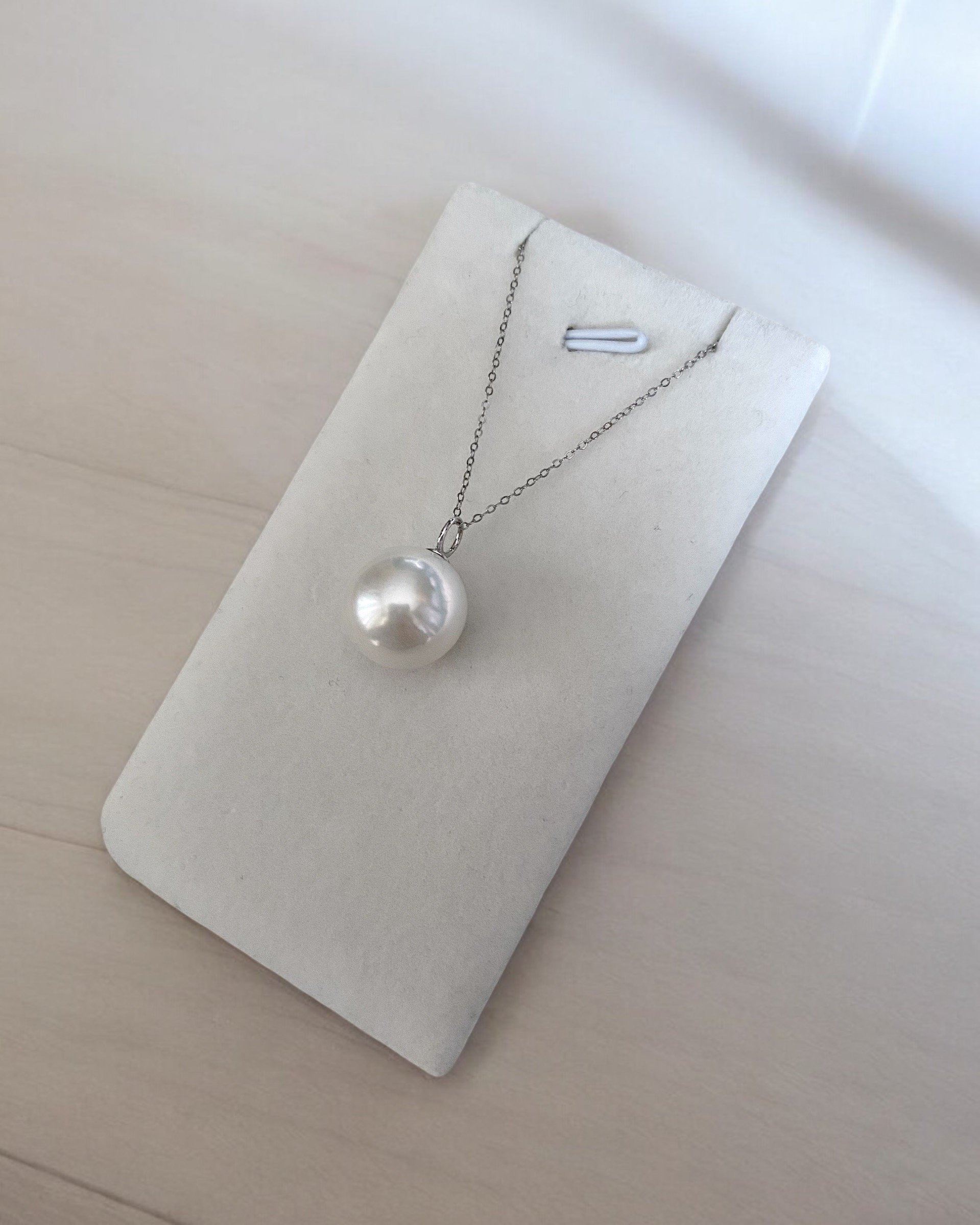 Genuine Large 13.5-14mm Cool White Freshwater Pearl Pendant, 18K Solid White Gold Loop Bail, Radiant Crystal-Clear Lustre, Timeless Elegance Starlit Pearls
