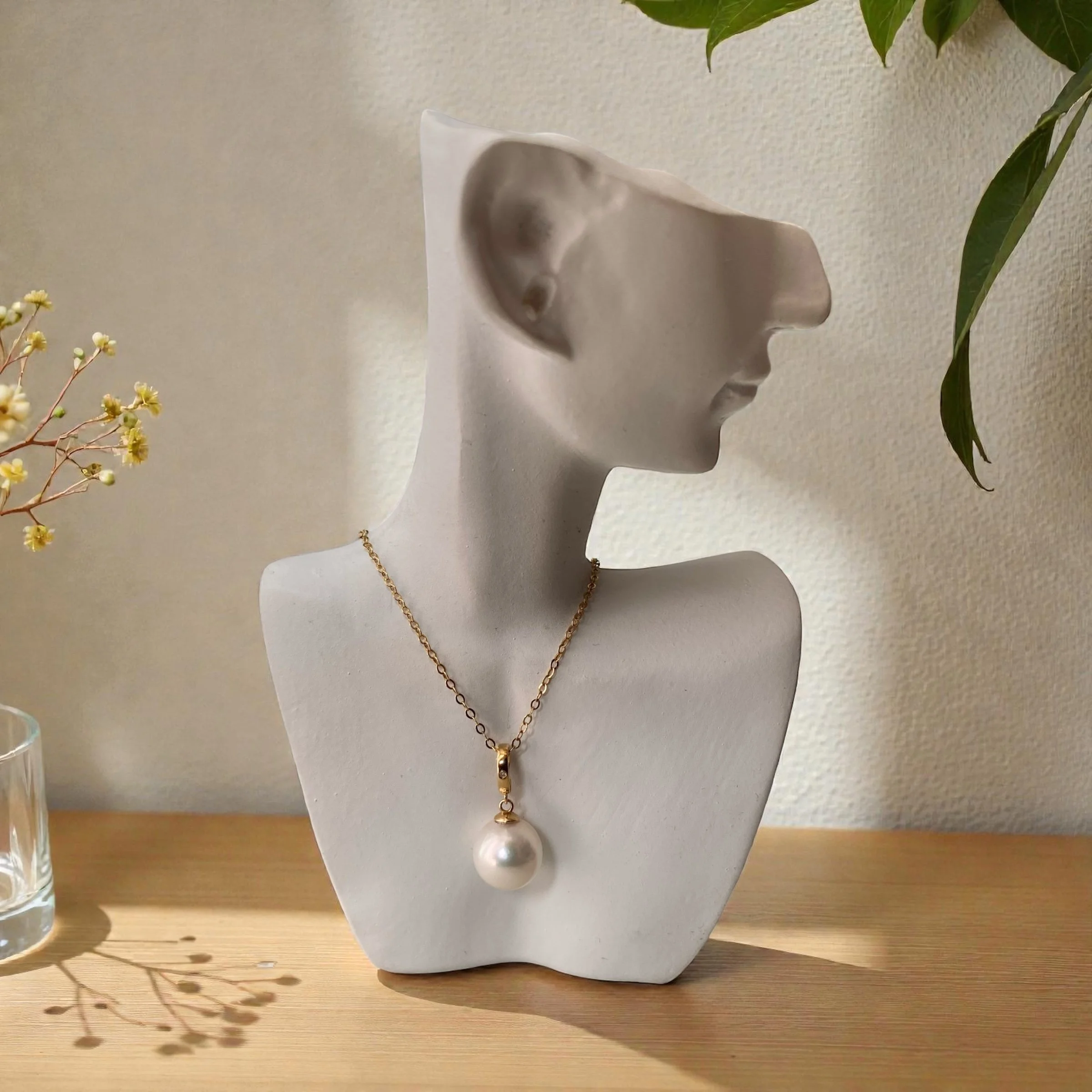 Rare 9.2mm Oversized Japanese White Akoya Pearl Pendant, Otsuki Pearl Origin, Pale Pink Overtone, Solid 18K Gold Open Clasp/D0.003CT Diamond Starlit Pearls