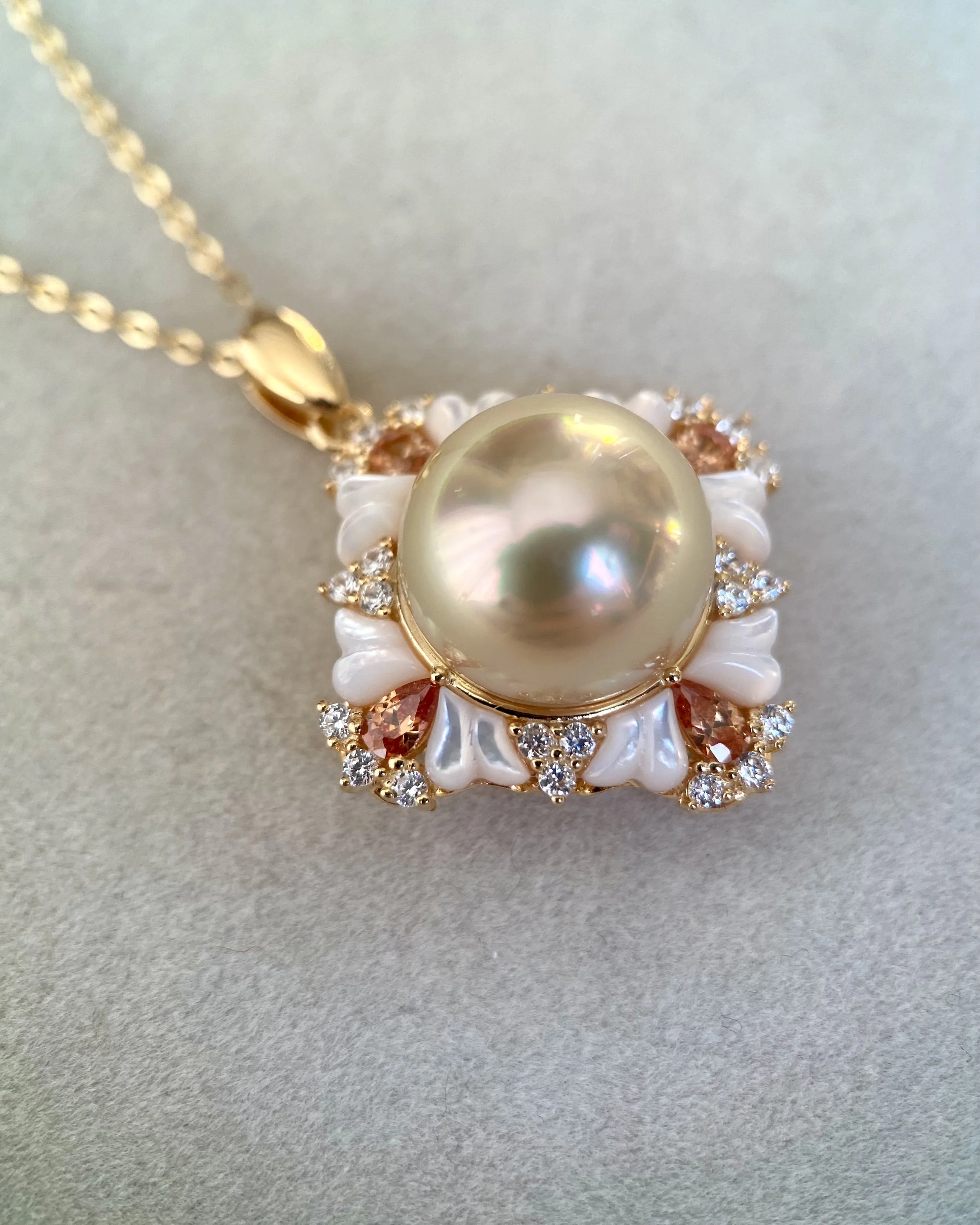 Ultra-Rare 13-13.5mm Lemon Candy Gold Japanese Amami Ōshima Pearl Pendant, 7A Mirror Lustre, Vintage Court-Style Floral S925 Silver MOP & CZ Starlit Pearls