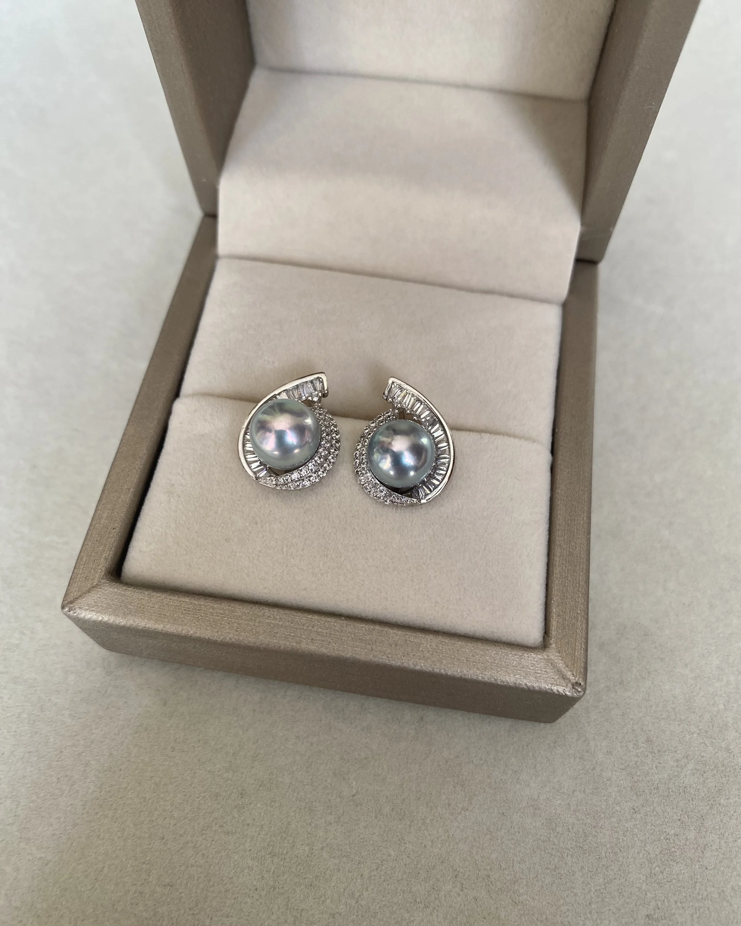 Japanese Silver Grey Madama Akoya Pearl Earrings 8–8.3mm, Iridescent Overtones, S925 Silver Teardrop Baguette Design, Exhibition Piece Starlit Pearls