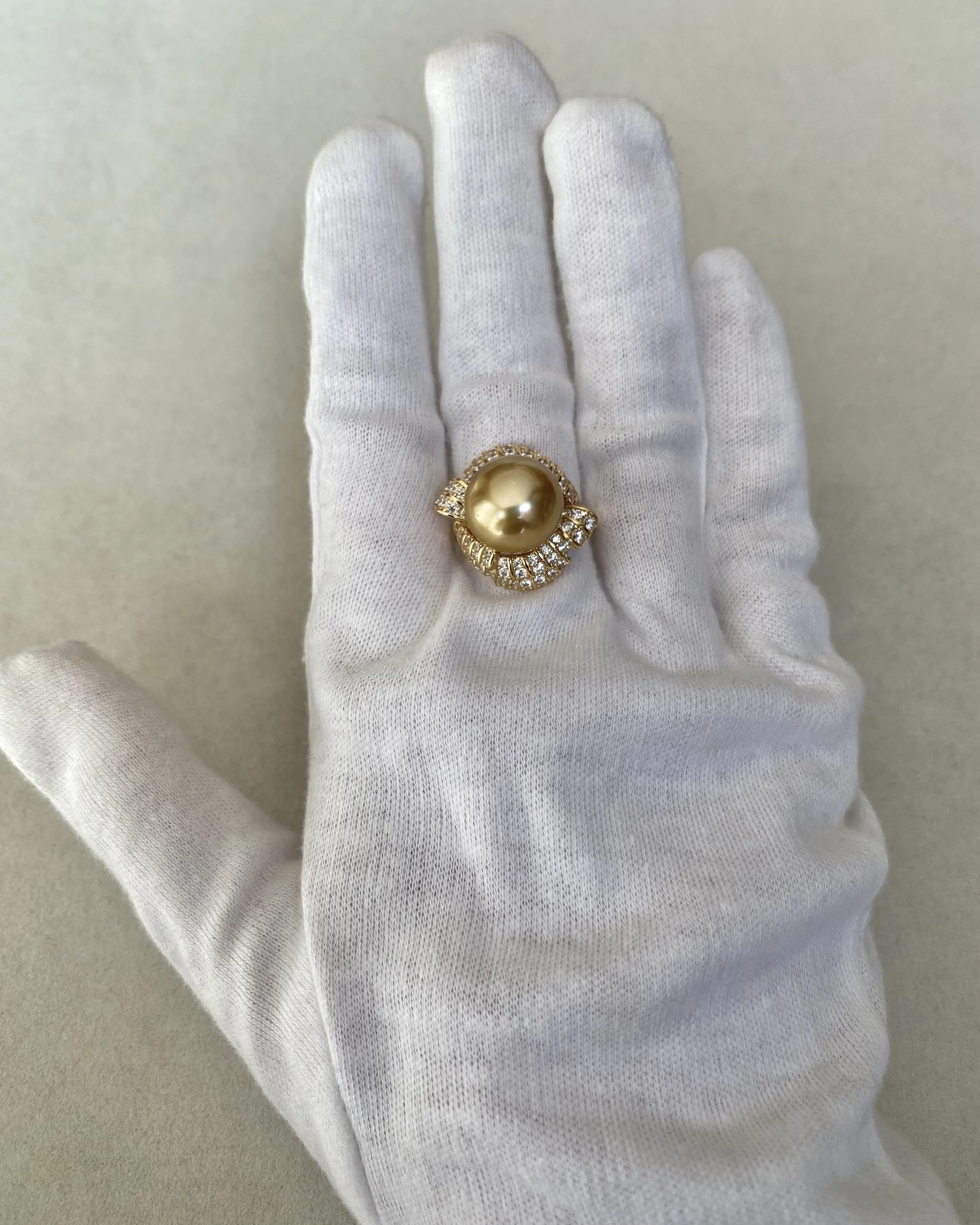 Large 13.2mm Golden South Sea Pearl Ring, Deep Rich Gold Tone, Sculptural Ribbon Pavé-Set S925 Sterling Silver Adjustable Band Starlit Pearls