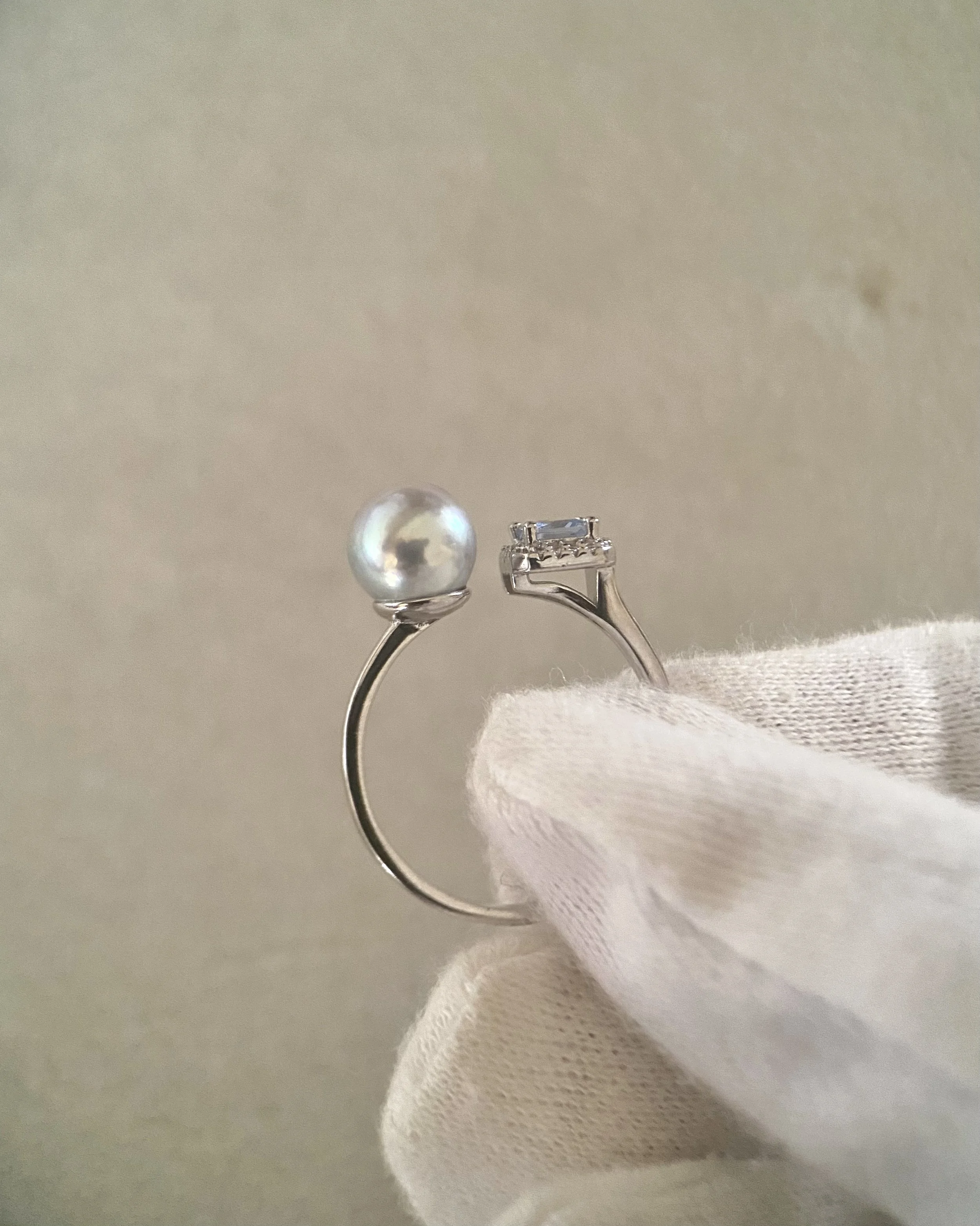 Premium Japanese Silver-Grey Blue Madama Akoya Pearl Open Ring 7.5mm, Ice-Blue Princess-Cut CZ, Adjustable S925, Exhibition Piece Starlit Pearls