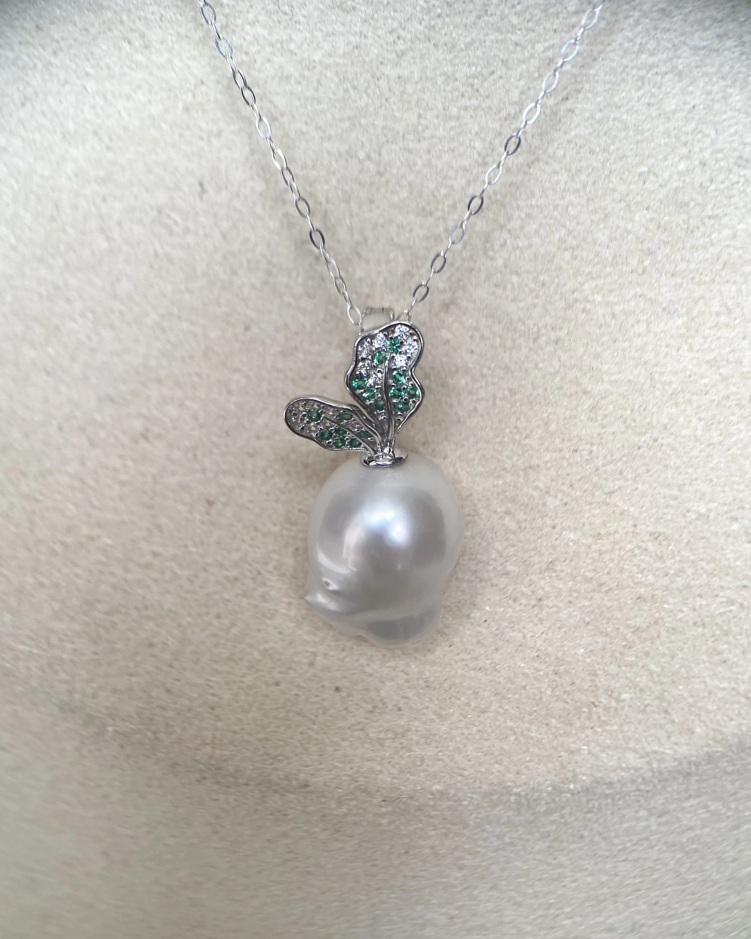 Rare 16mm Australian White South Sea Baroque Pearl Radish Pendant, Sculptural Botanical Design, Japanese S925 Silver CZ Hinged Bail Starlit Pearls