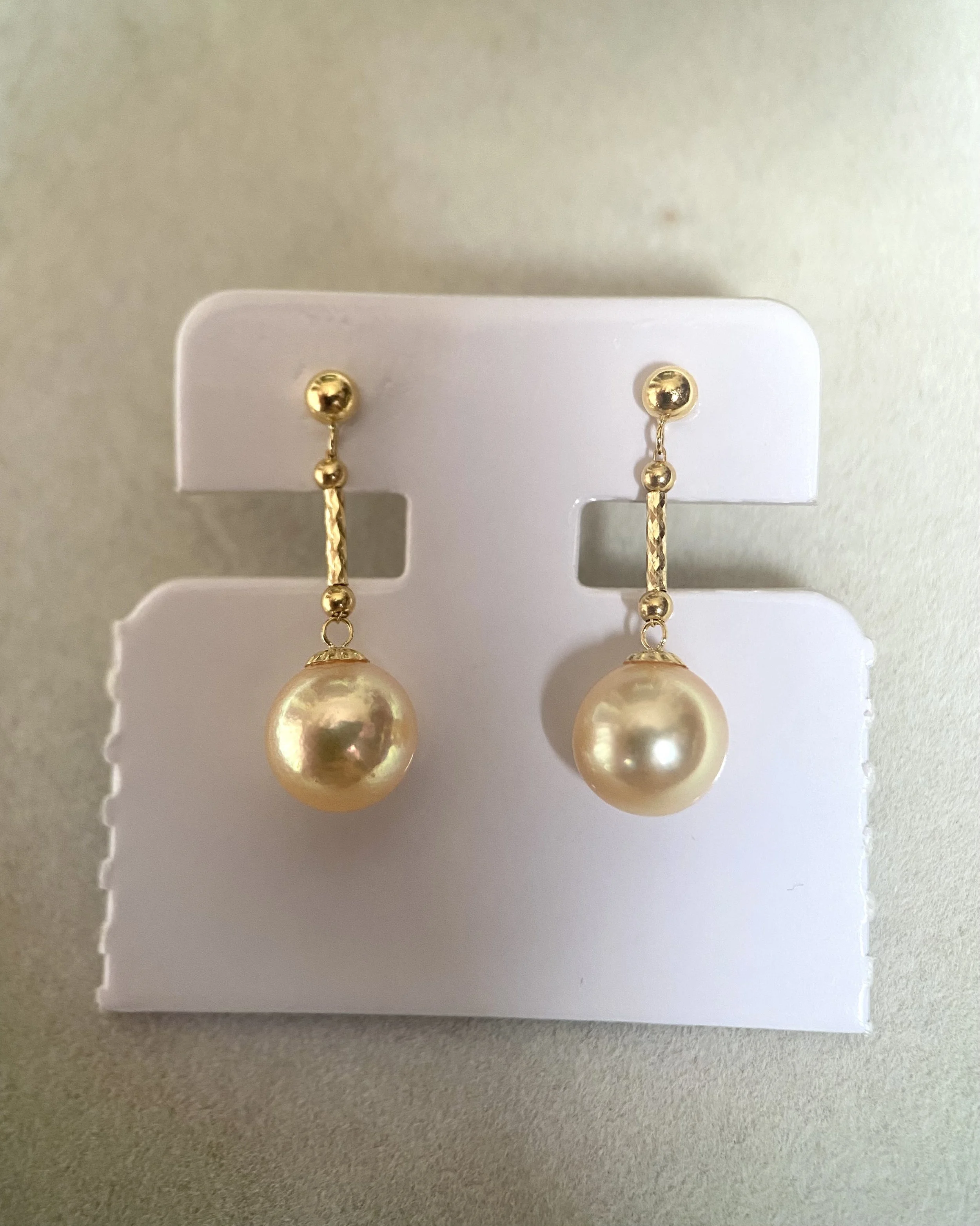 Japanese Amami Oshima Golden Pearl Drop Earrings in Solid 18K Gold 7.6mm, Iridescent Overtones, Graceful Movement Starlit Pearls