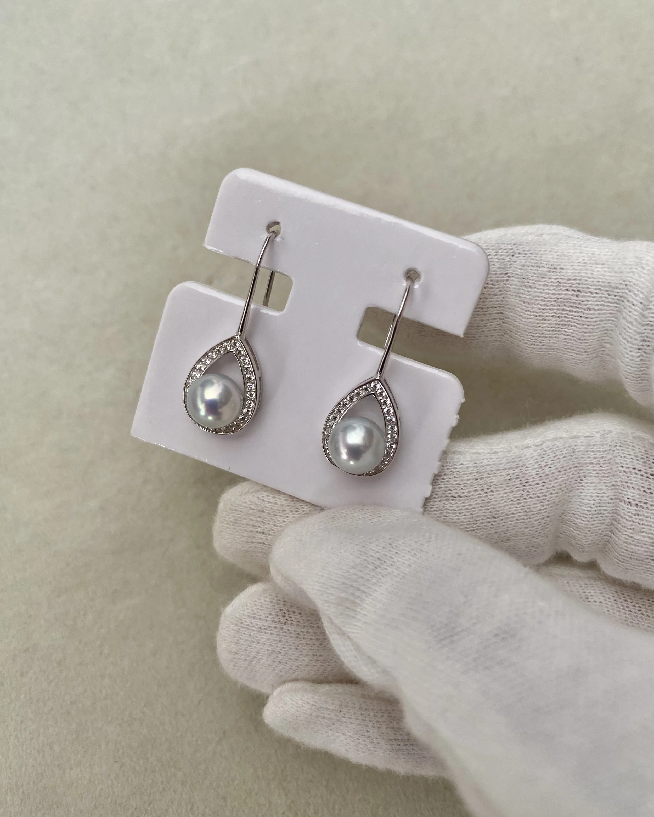 Japanese Airy Silver-Grey Madama Akoya Pearl Hook Earrings 6.7mm, S925 Silver Teardrop Pavé Halo Setting, Jewellery Exhibition Piece Starlit Pearls