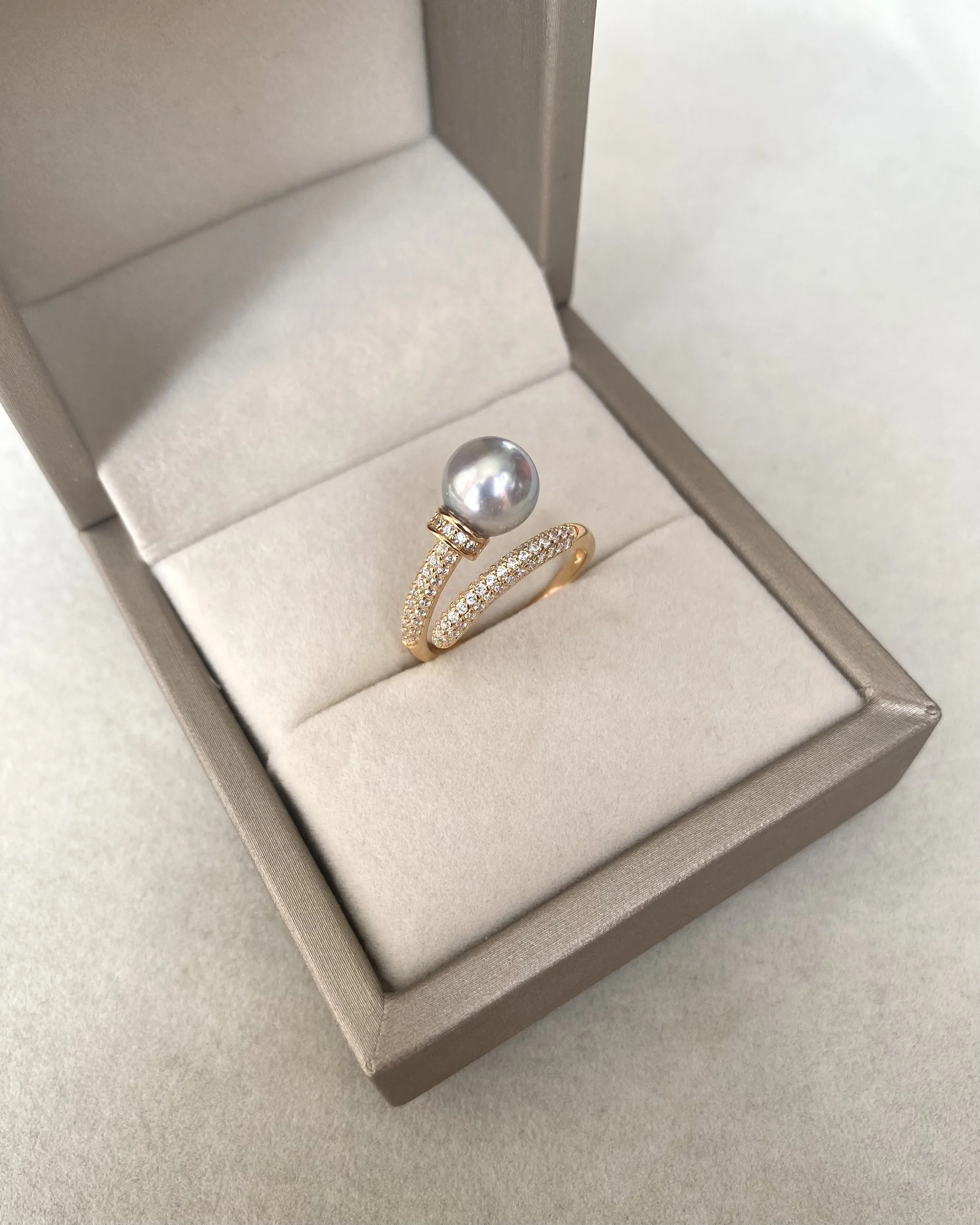 Premium 8.3mm Natural Silver-Grey Blue Japanese Madama Akoya Pearl Nail Ring, Mirror Lustre, S925 & Pavé CZ, Adjustable, Show Piece Starlit Pearls