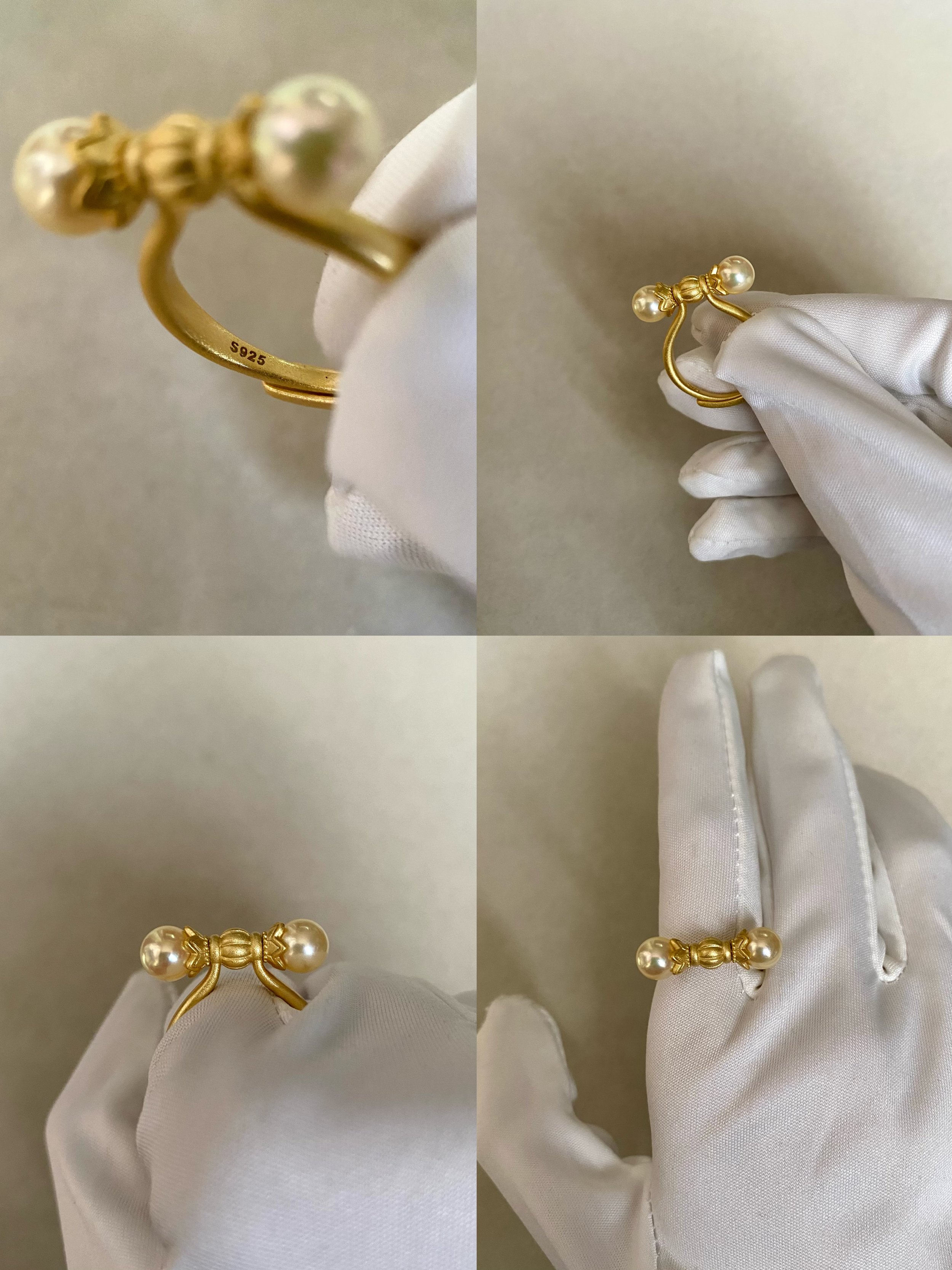 Japanese-Made 6.5mm 'Golden Dawn' Akoya Creamy Gold Double Pearl Ring, Pink Overtones, S925 Silver Sandblasted Lotus Crown Design, Rare Find Starlit Pearls