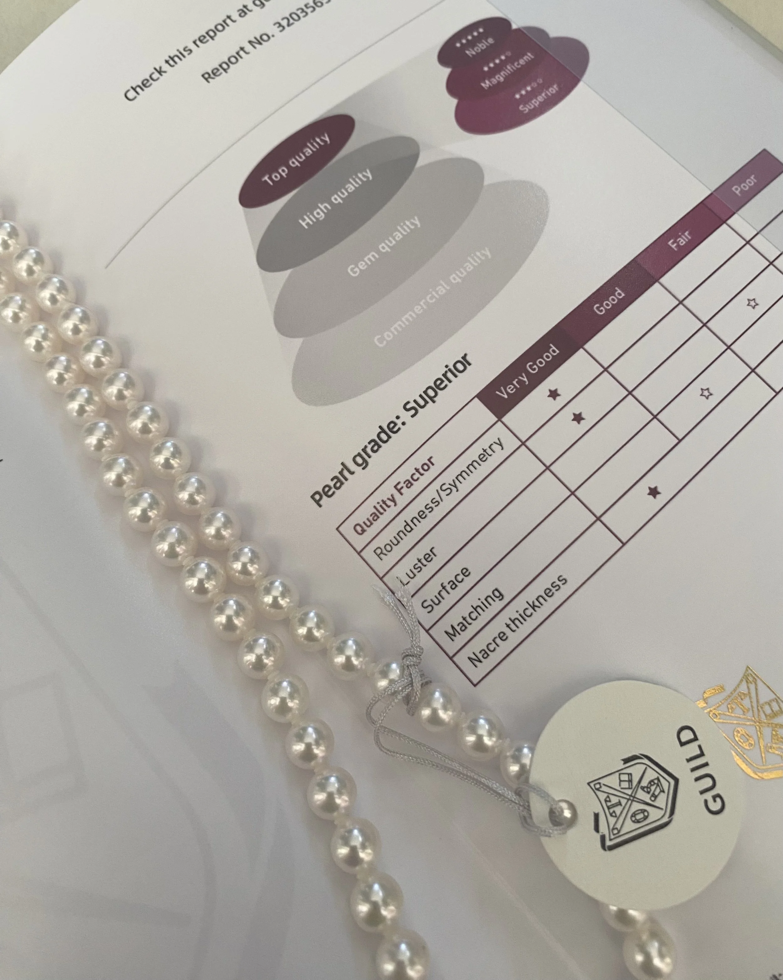 GUILD Certified Top-Gr Superior Snow White Japanese Akoya Pearl Necklace 7-7.5mm, Top Lustre, Orchid Black Mother-of-Pearl Clasp Starlit Pearls