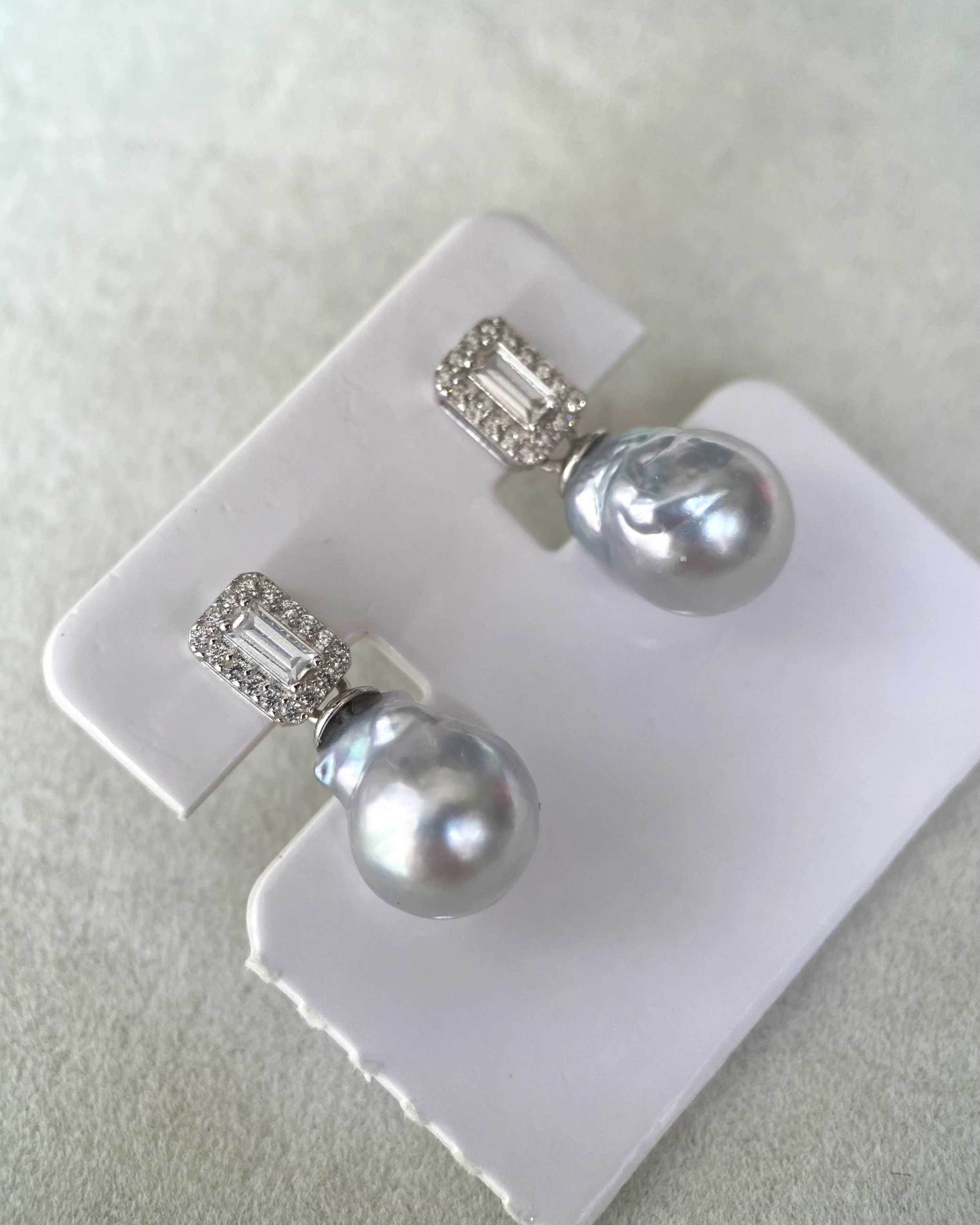 Rare Silver Australian South Sea Baroque Pearl Drop Earrings 11mm, Cool Icy Silver Lustre, S925 Silver Baguette CZ Design, Show Piece