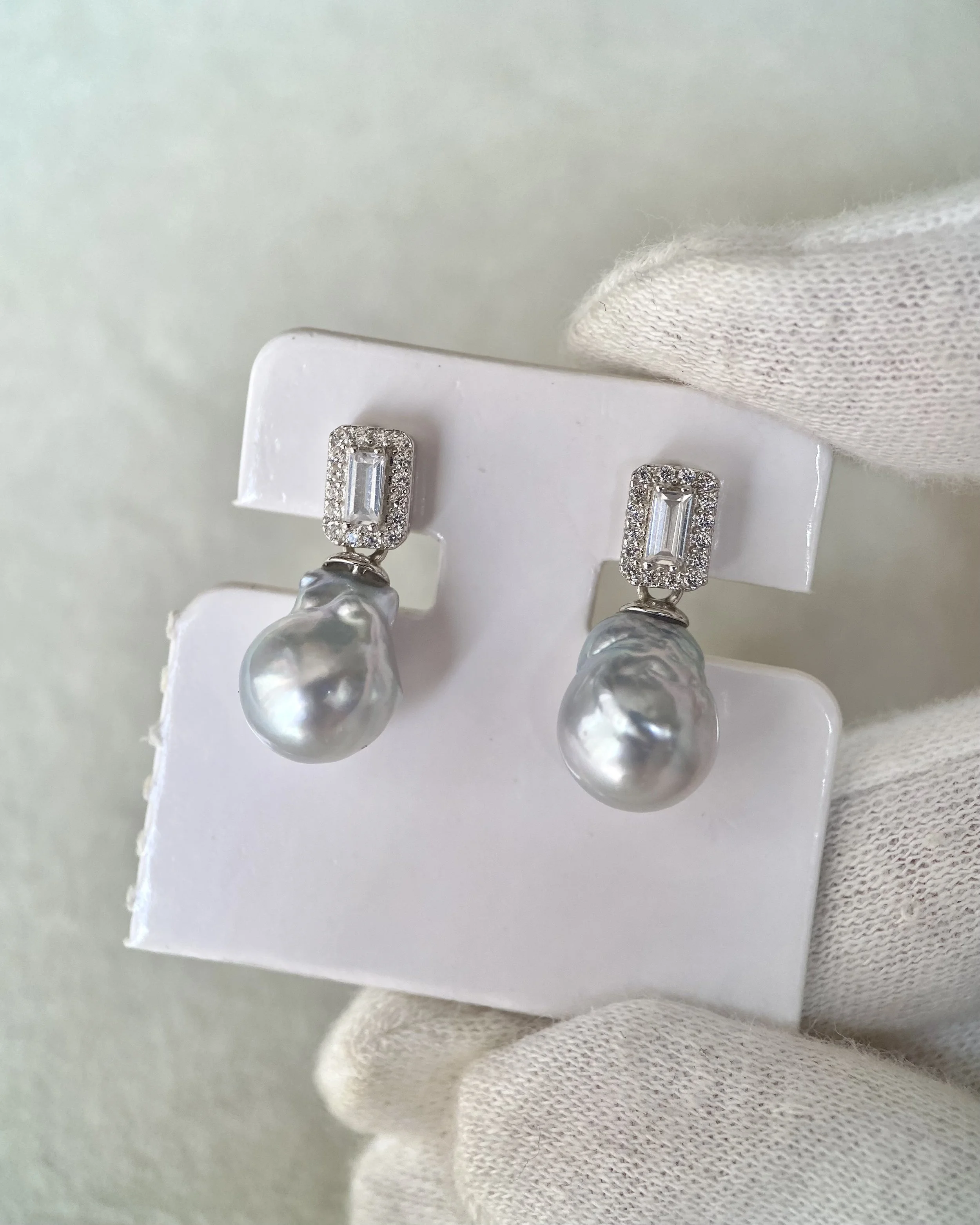 Rare Silver Australian South Sea Baroque Pearl Drop Earrings 11mm, Cool Icy Silver Lustre, S925 Silver Baguette CZ Design, Show Piece Starlit Pearls