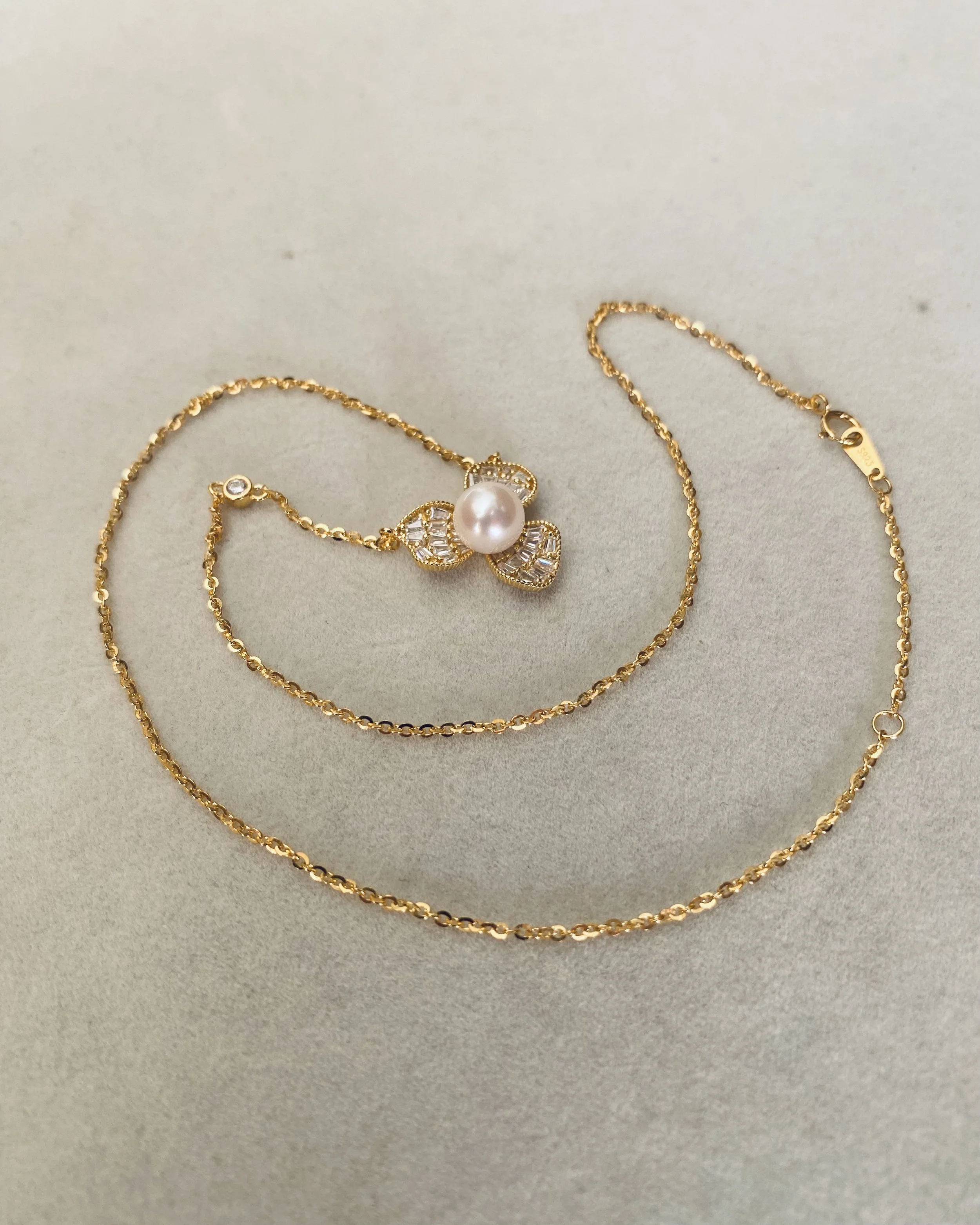 Japanese White Akoya Pearl Necklace 7.6mm, Soft Pink Lustre, S925 Silver Three-Petal Baguette CZ Design, Show Piece, Gift for Her